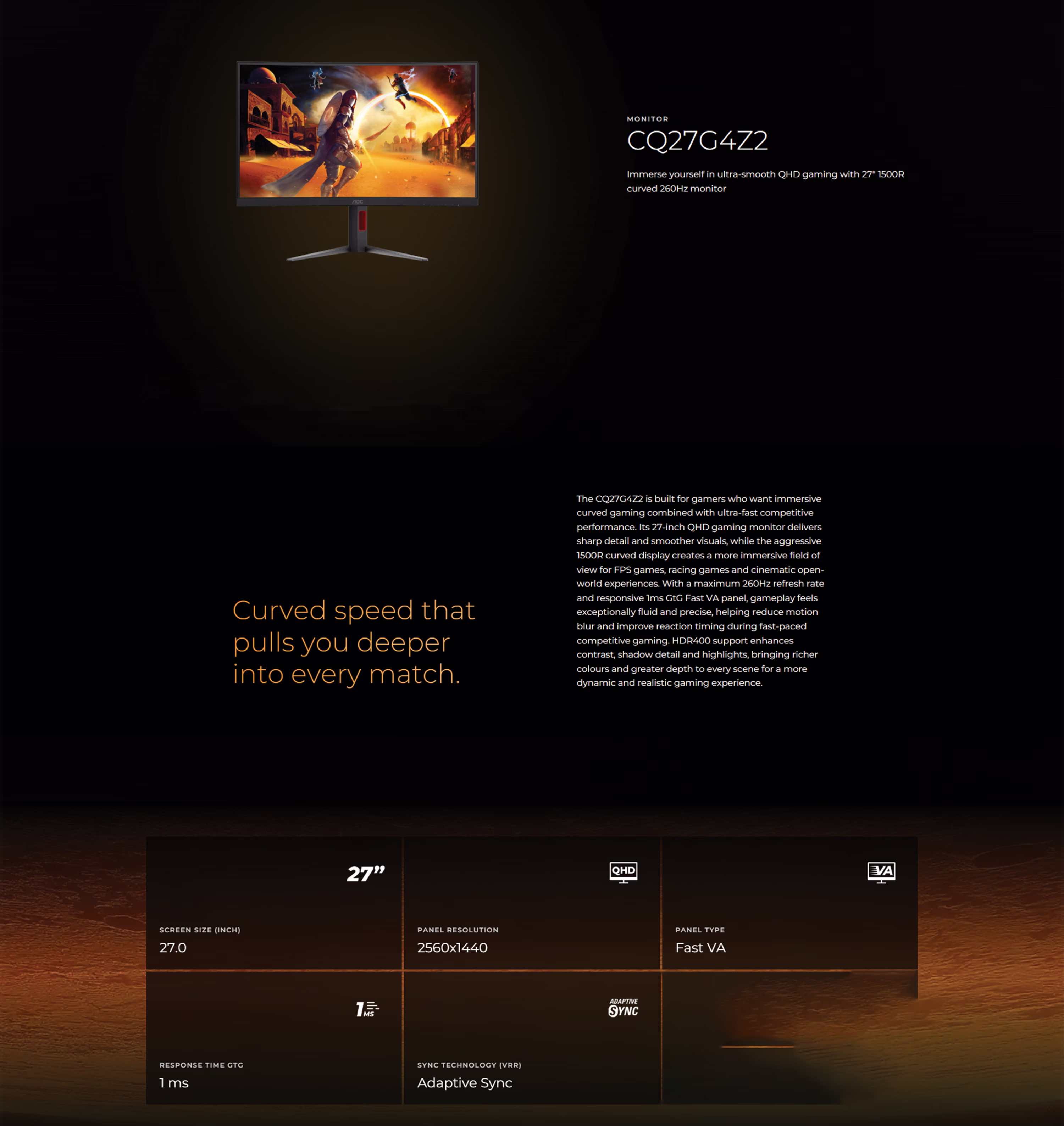 AOC CQ27G4Z2 27-inch curved QHD gaming monitor front view showing vibrant colors and 1500R screen curve
