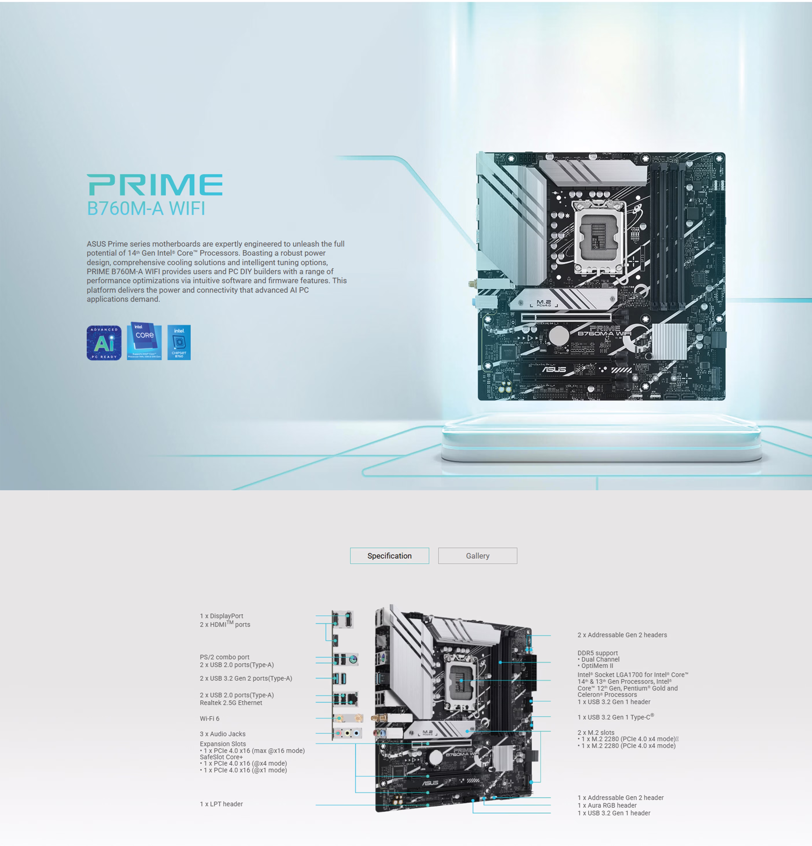 ASUS PRIME B760M-A WIFI LGA1700 mATX Motherboard OVERVIEW IMAGE