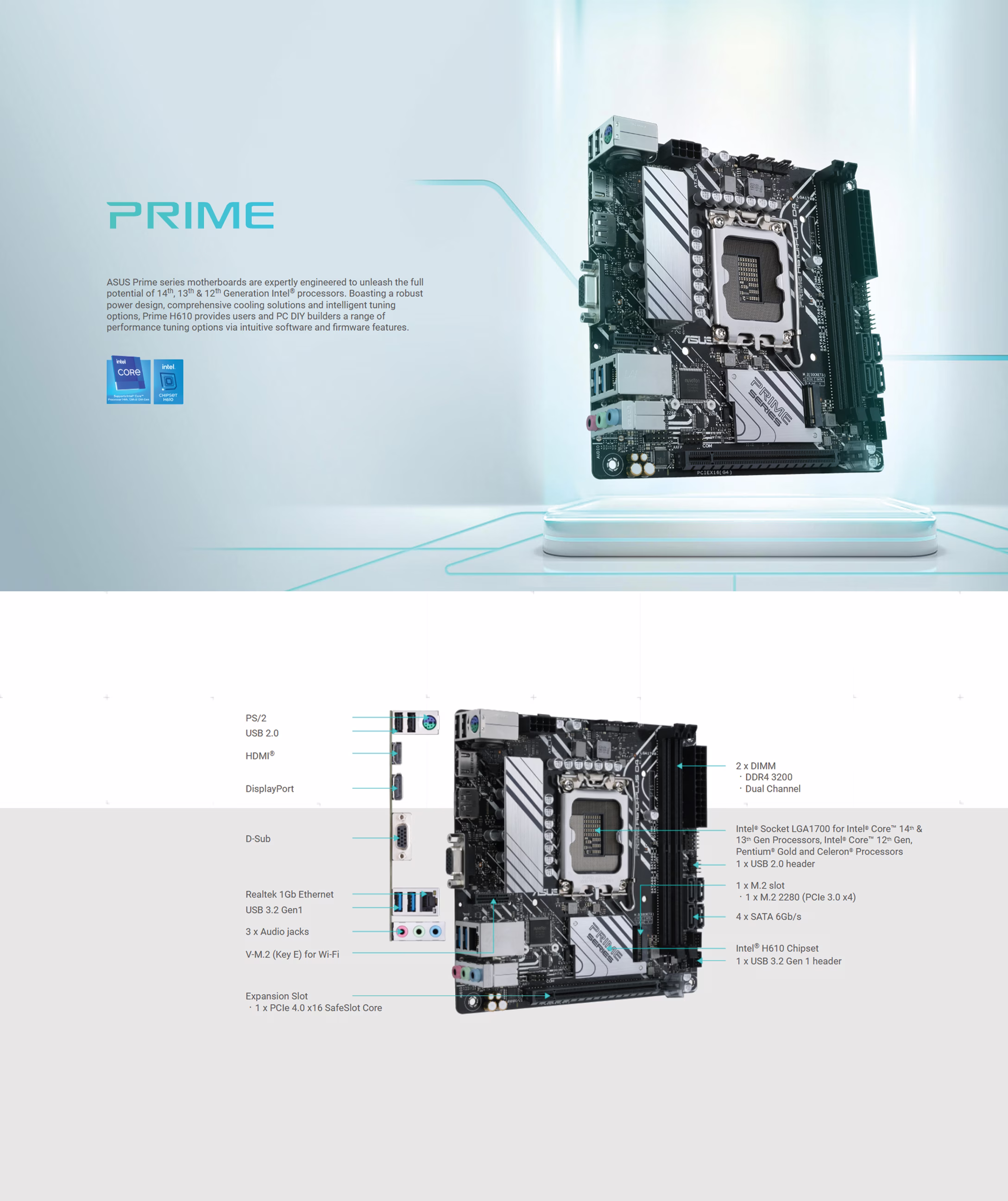 ASUS PRIME H610I-PLUS D4 Intel H610 (LGA 1700) Mini-ITX Motherboard OVERVIEW IMAGE
