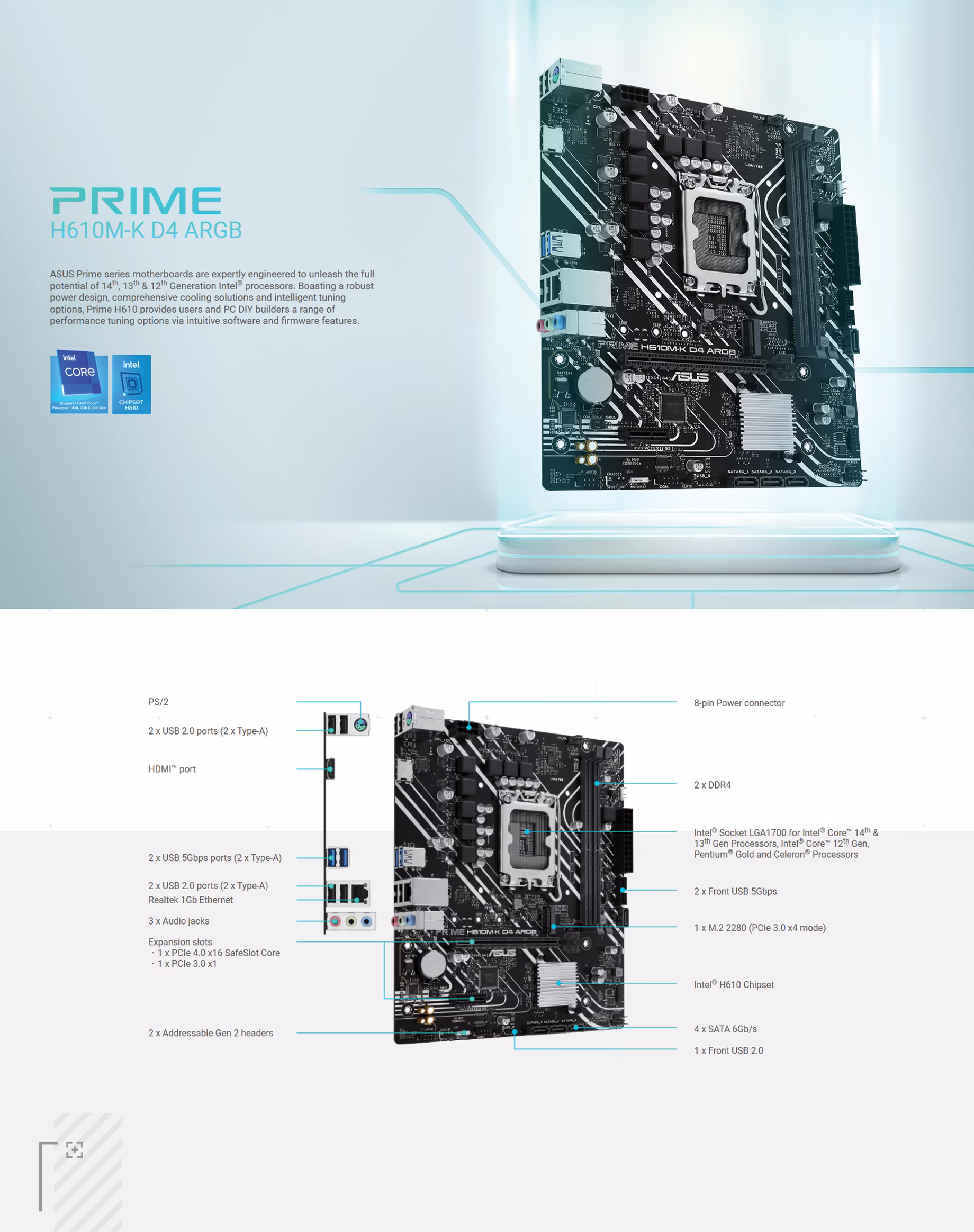 ASUS PRIME H610M-K D4 ARGB Intel H610 (LGA 1700) micro-ATX DDR4 Motherboard OVERVIEW IMAGE