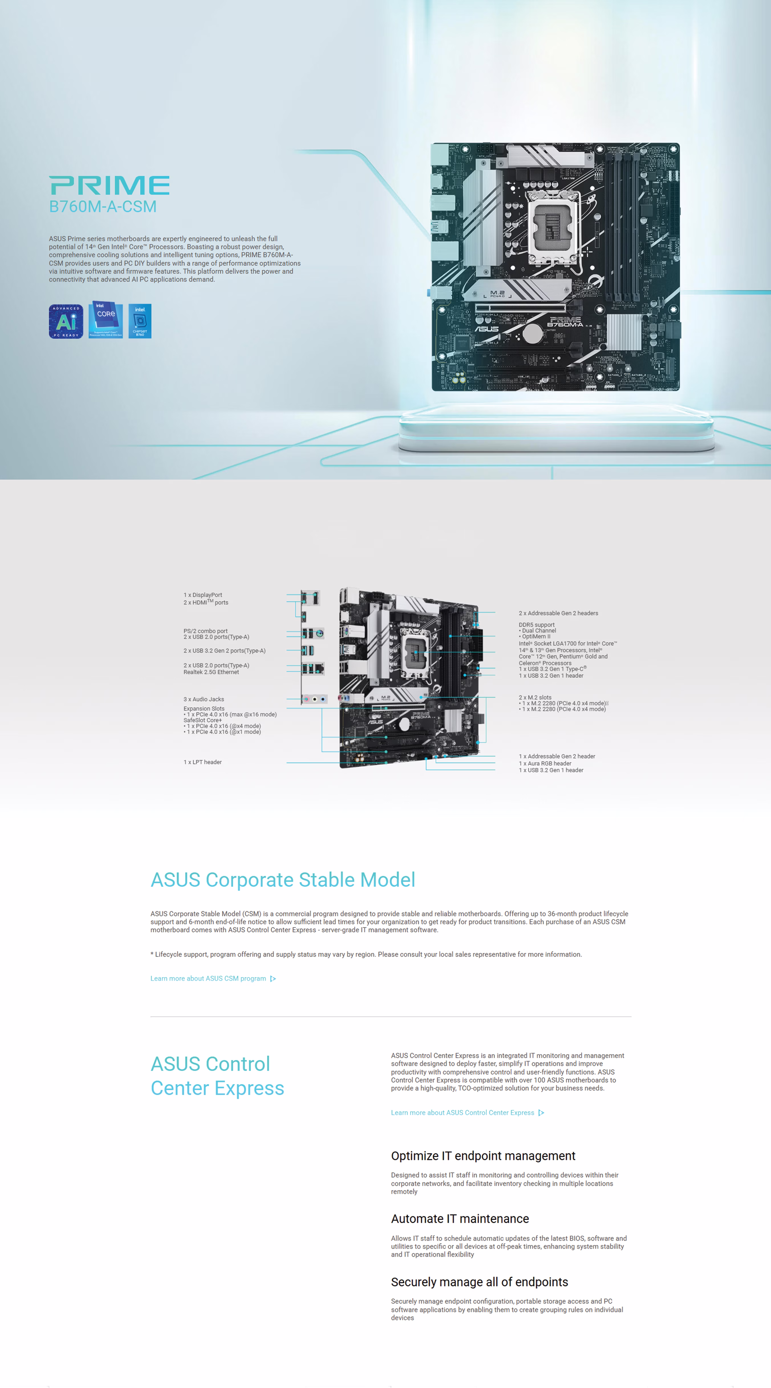ASUS Prime B760M-A CSM DDR5 Intel LGA1700 motherboard featuring VRM heatsinks, PCIe 4.0 slots, and M.2 support for high-performance PC builds.