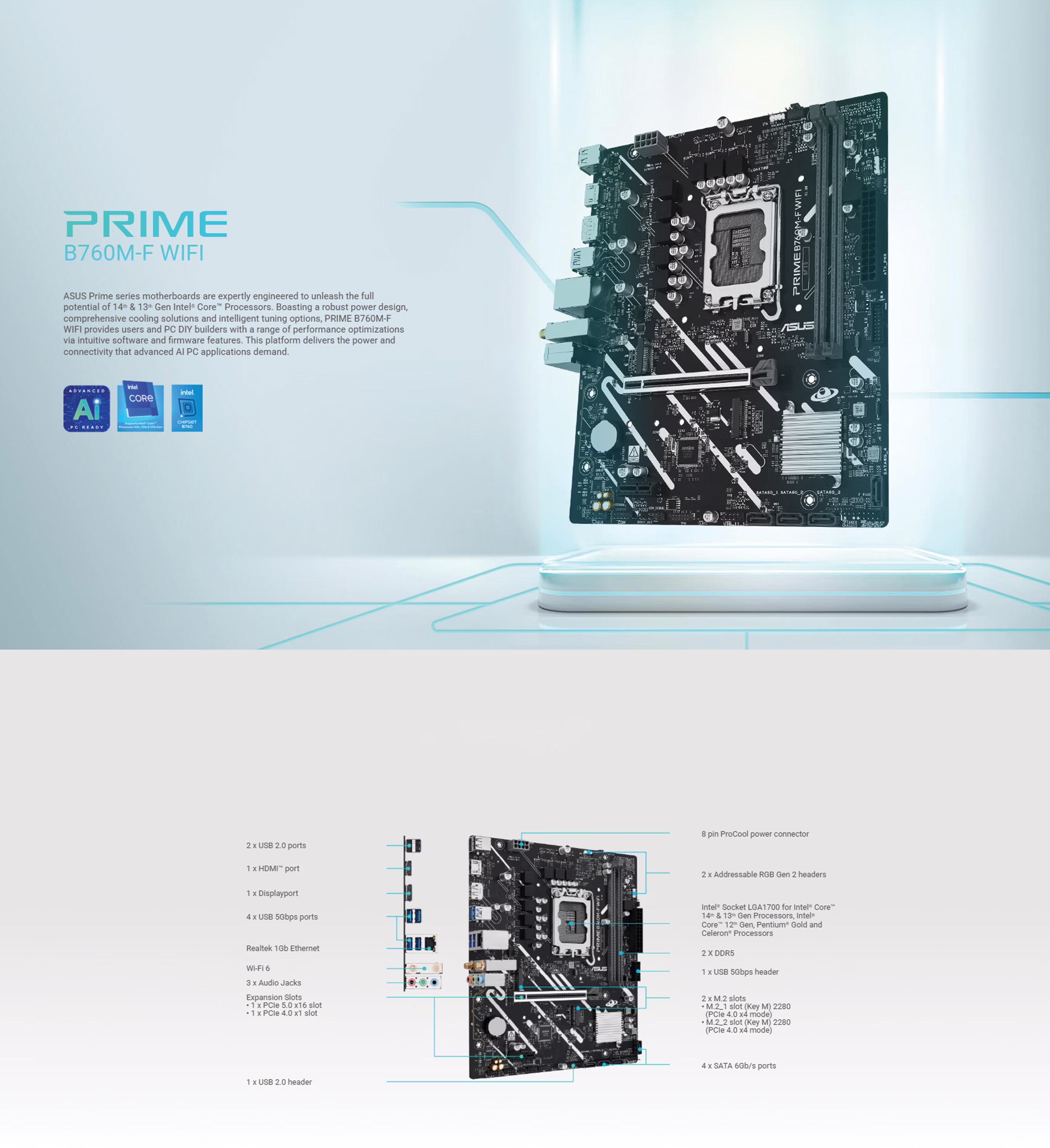 ASUS Prime B760M-F WIFI DDR5 Intel LGA1700 motherboard featuring a PCIe 5.0 x16 slot, two M.2 slots, and integrated WiFi 6 connectivity.