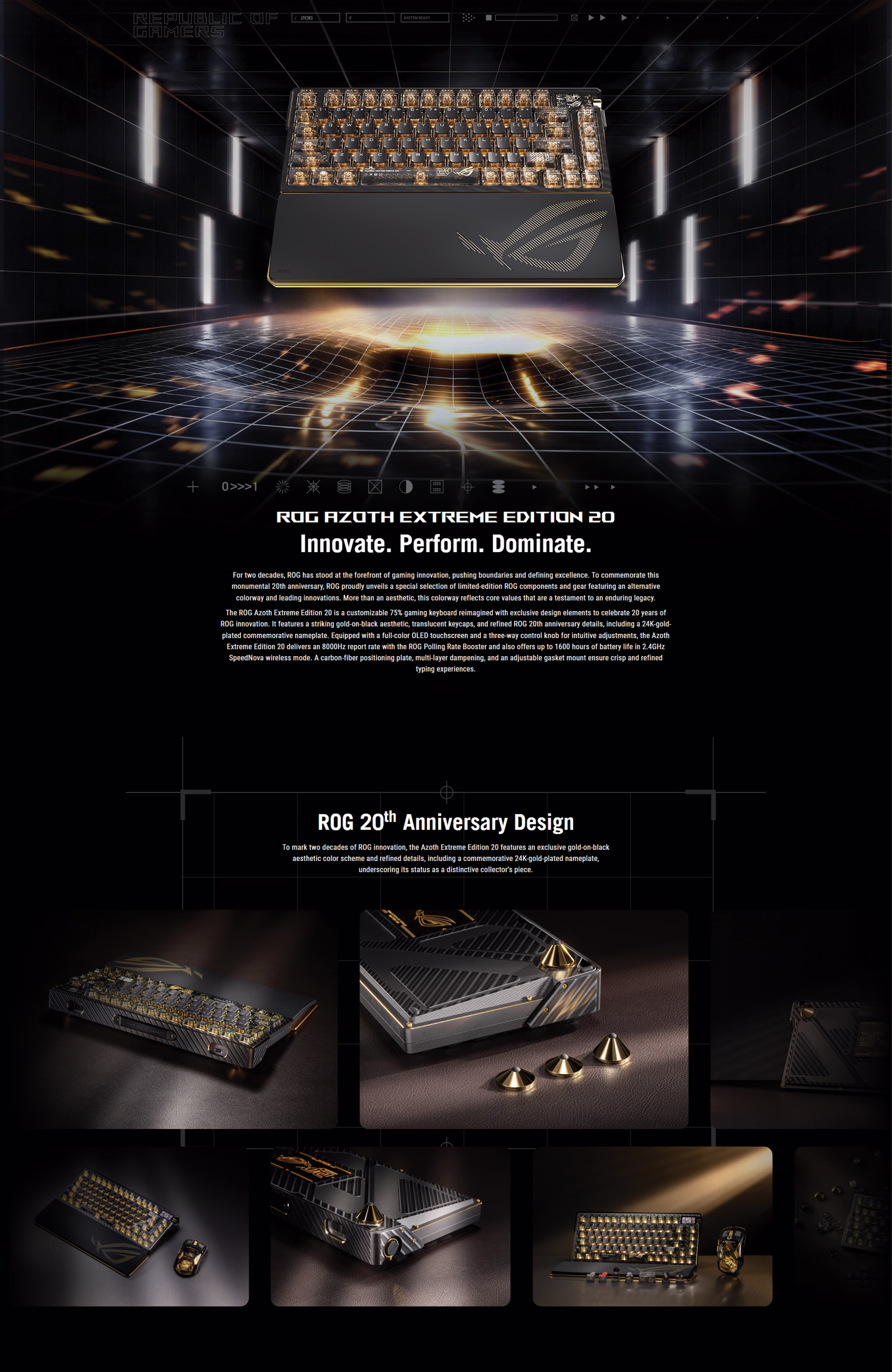 ASUS ROG Azoth Extreme Edition 20 wireless 75 percent mechanical gaming keyboard featuring an OLED screen.