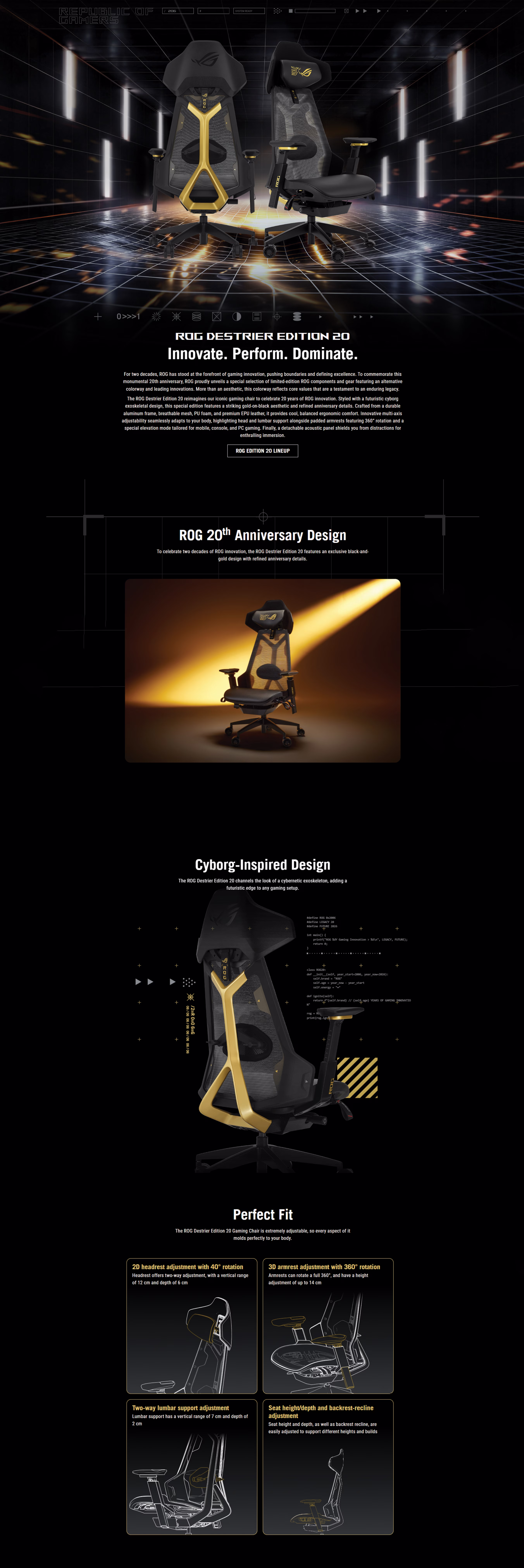 ASUS ROG Destrier Edition 20, 90GC02C0-MSG01, 4711636508285, 199291508286, ROG Destrier black gold UAE, ergonomic gaming chair Abu Dhabi, ASUS mesh gaming chair, 150kg capacity gaming chair, ROG Edition 20 chair