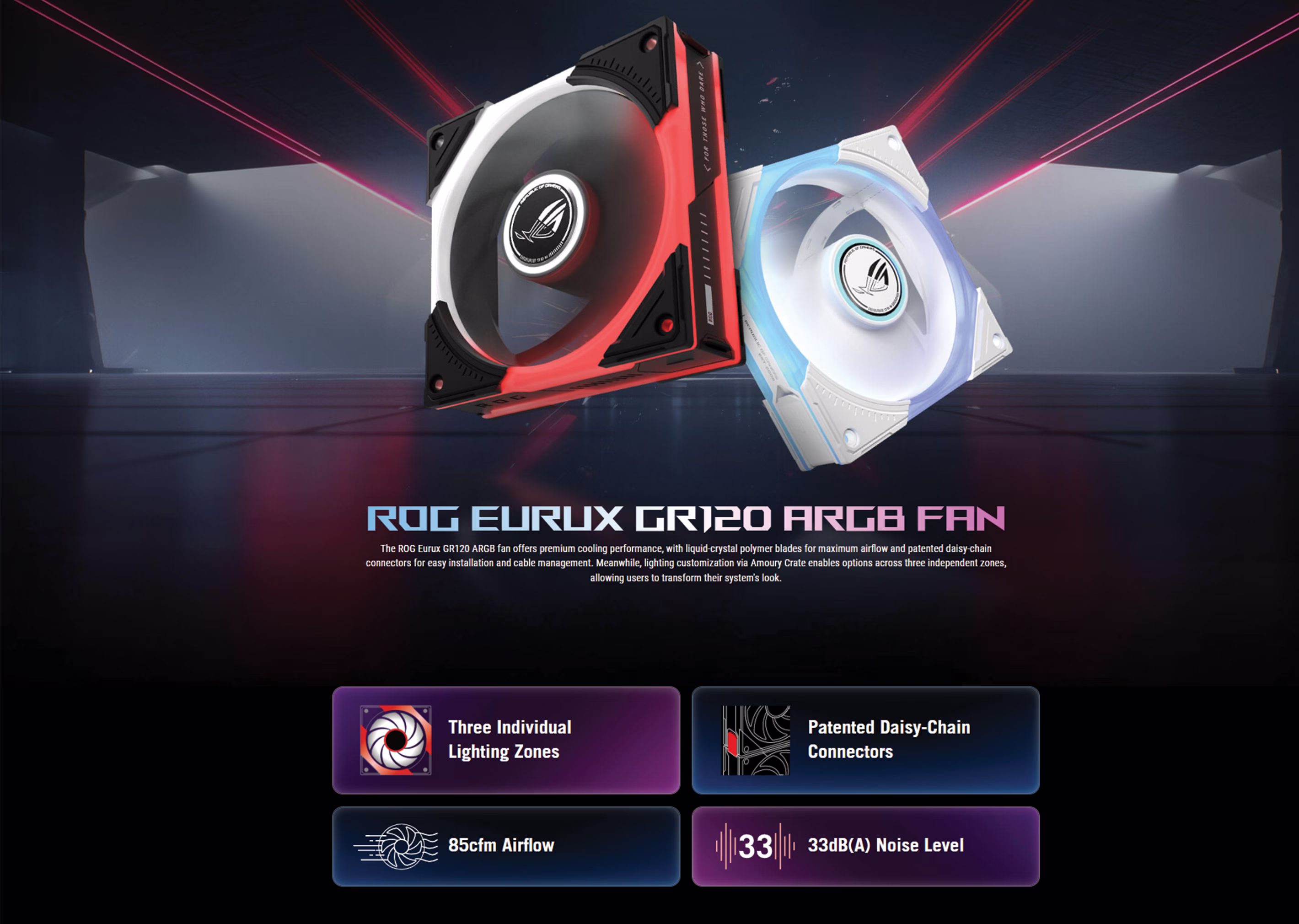 ASUS ROG Eurux GR120 ARGB 120mm gaming case fan front view showing the black frame and white frosted blades