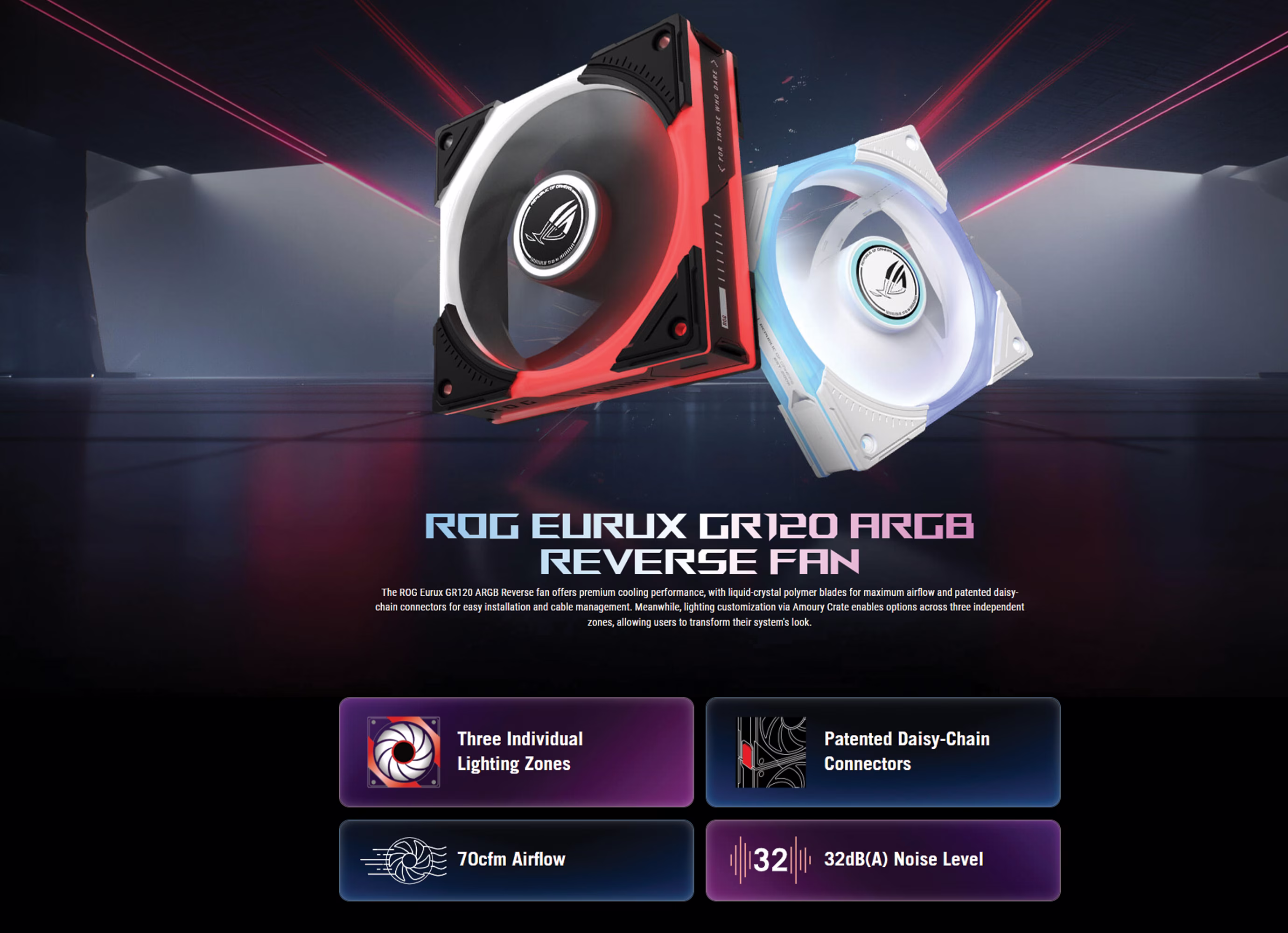 ASUS ROG Eurux GR120 ARGB Reverse Blade Black 120mm gaming case fan front view showing reverse fan blades