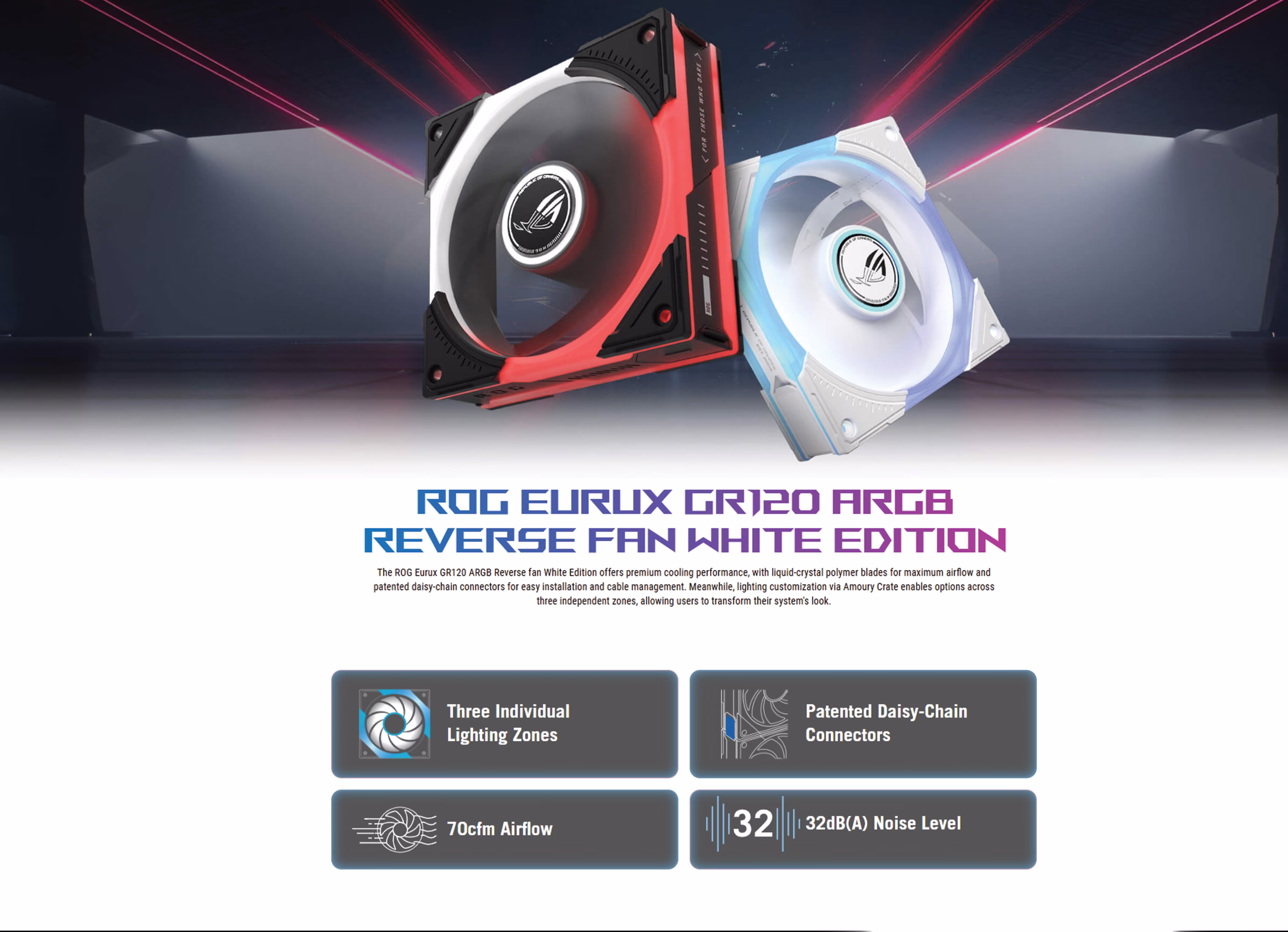 ASUS ROG Eurux GR120 ARGB Reverse Blade White 120mm gaming case fan front view showing white reverse blades