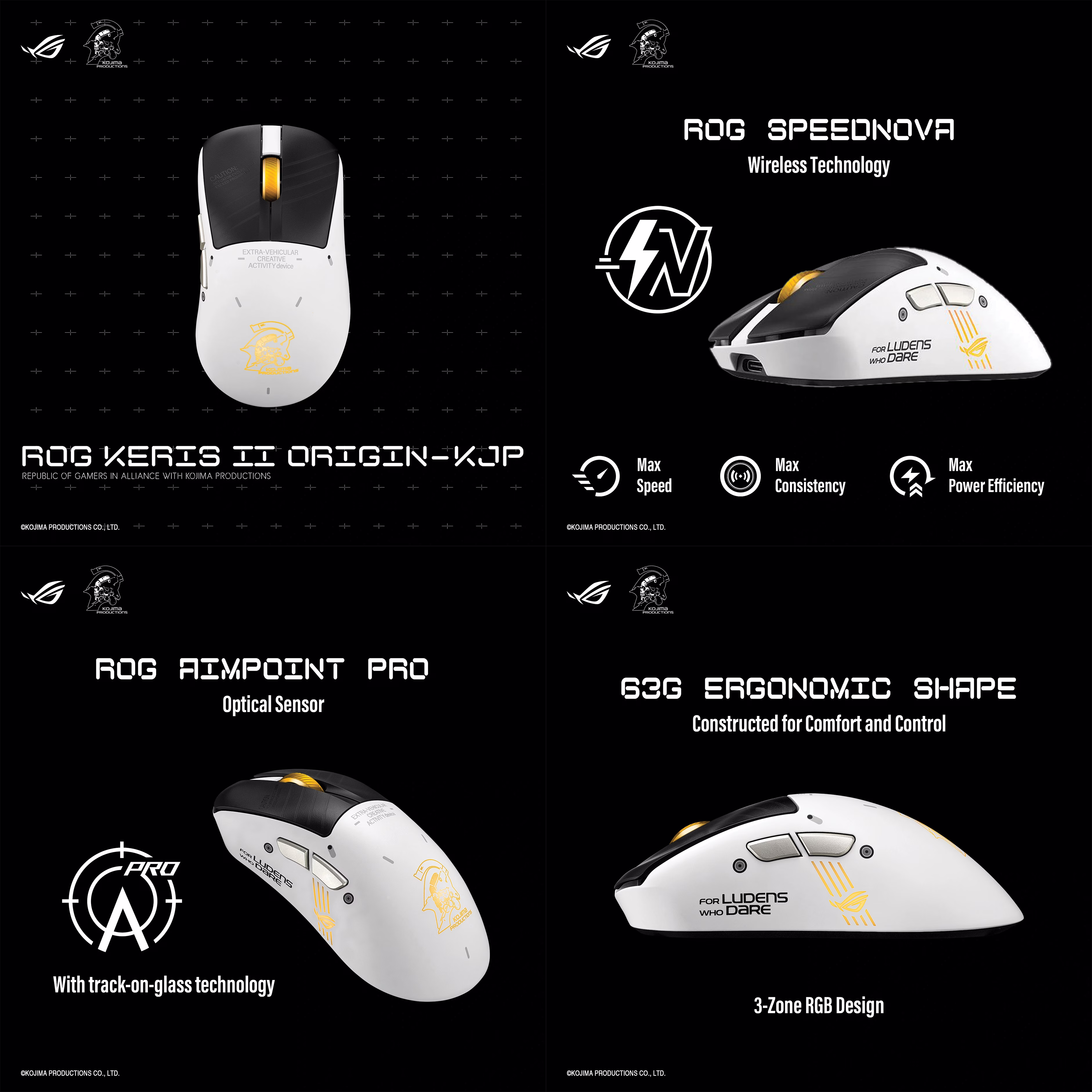ASUS ROG Keris II Origin KJP Edition White wireless mouse highlighting the exclusive Kojima Productions branding.