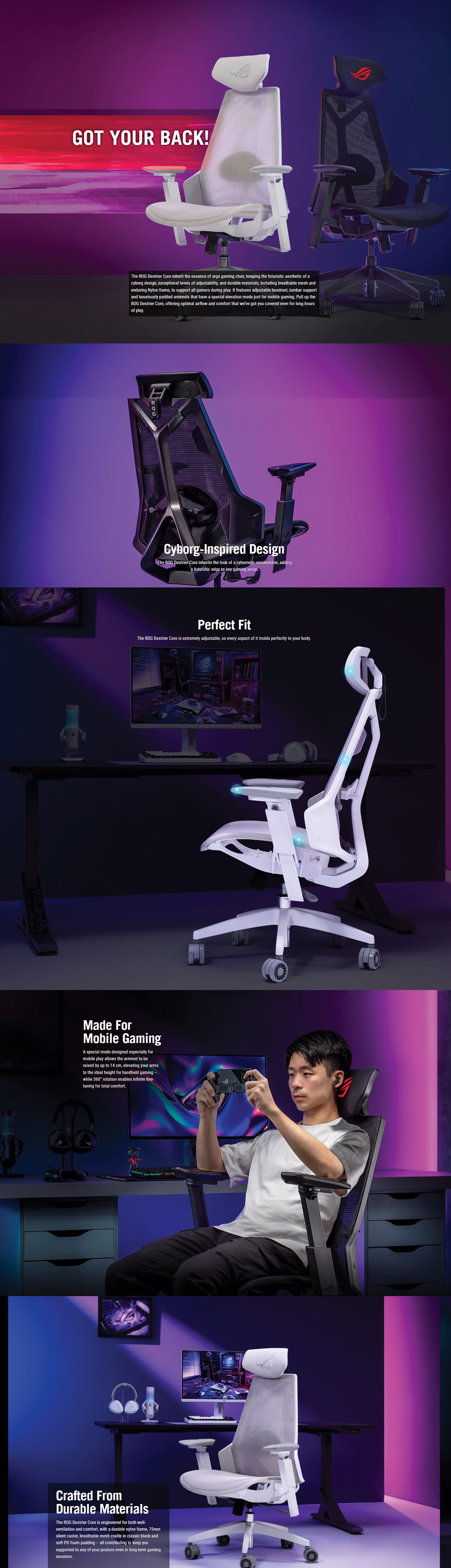 ASUS ROG SL400C Destrier Ergo Core mesh gaming chair in moonlight black with 360 degree rotating armrests.