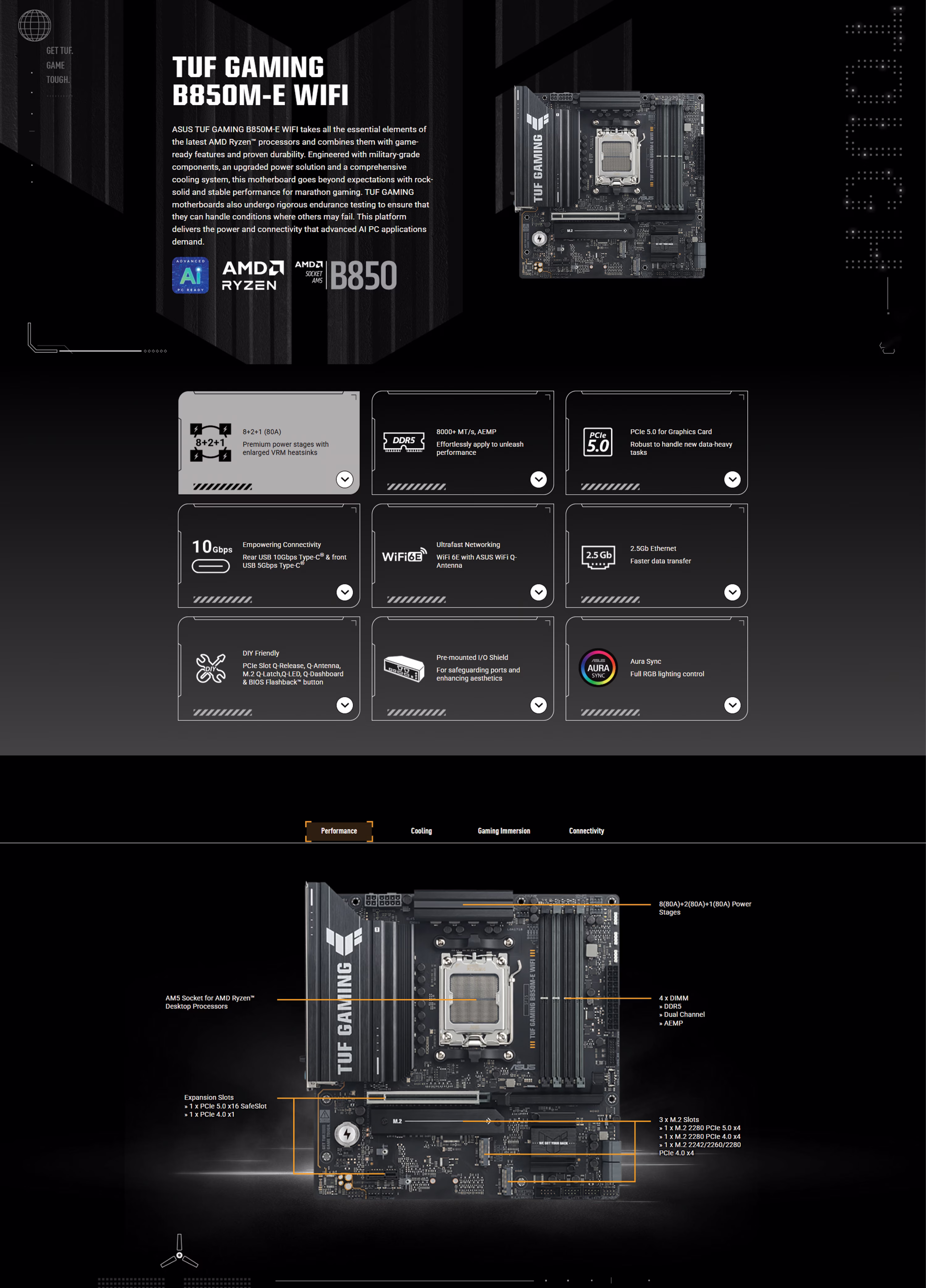 ASUS TUF Gaming B850M-E WIFI mATX motherboard showing the rugged VRM heatsinks and AM5 socket.