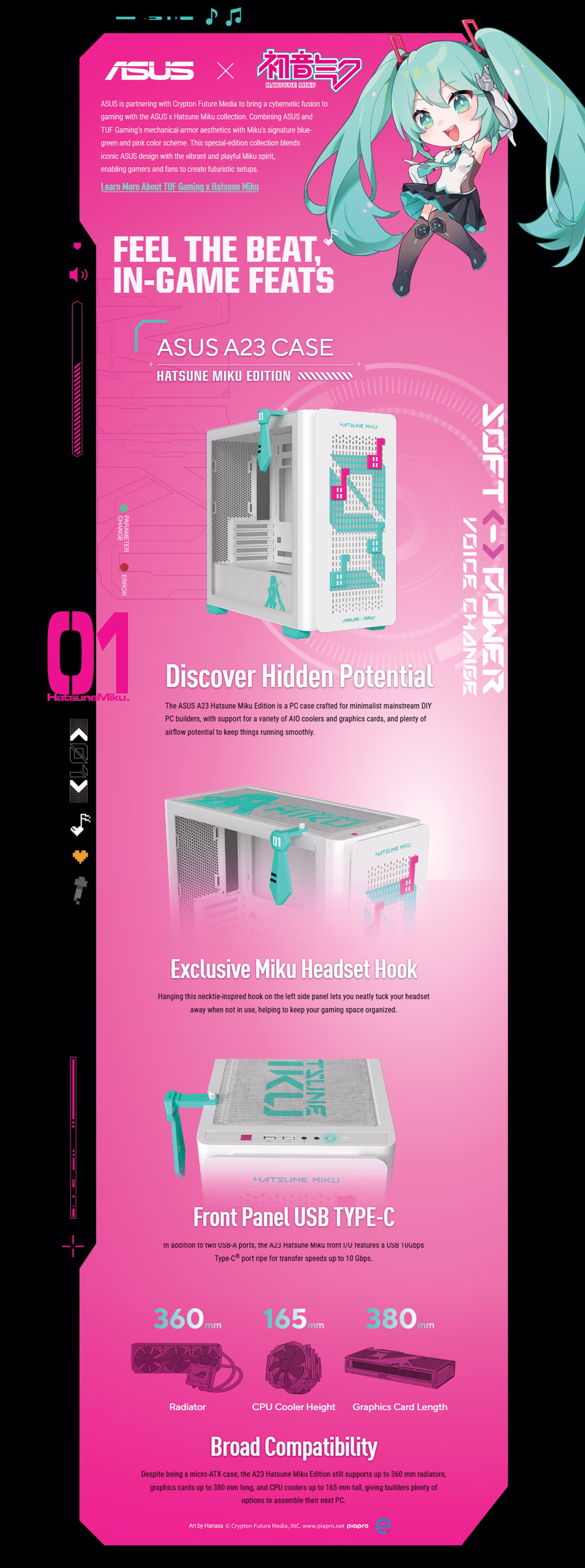 ASUSA23HATSUNEMIKUEDITIONMICROATXGAMINGCASEHIDDENCONNECTORBTFCOMPATIBLESIGNATURECYANANDPINKTHEME360MMAIOCOOLINGSUPPORT380MMGPUCLEARANCEEXCLUSIVEHEADSETHOOKTEMPEREDGLASSPANELUAEOBT