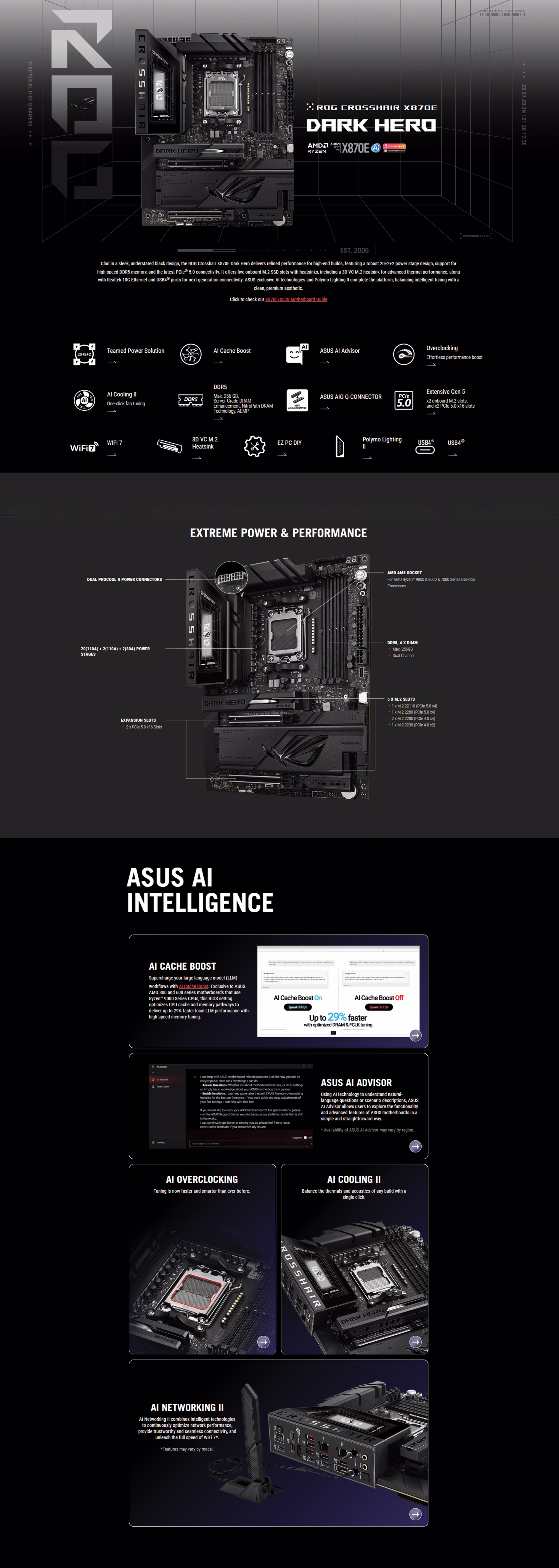 ASUSROGCROSSHAIRX870EDARKHEROAM5GAMINGMOTHERBOARDX870ECHIPSETWIFI7REALTEK10GBLANDDR5MEMORYSUPPORTNITROPATHDRAMPCIE5POINT0X16SLOTSFIVEMPOINT2SLOTSDUALUSB4TYPEC40GBPSSUPREMEFXAUDIO20PLUS2PLUS2POWERSTAGESATXFORMFACTOR90MB1NT0M0EAY04711636398671UAEOBT