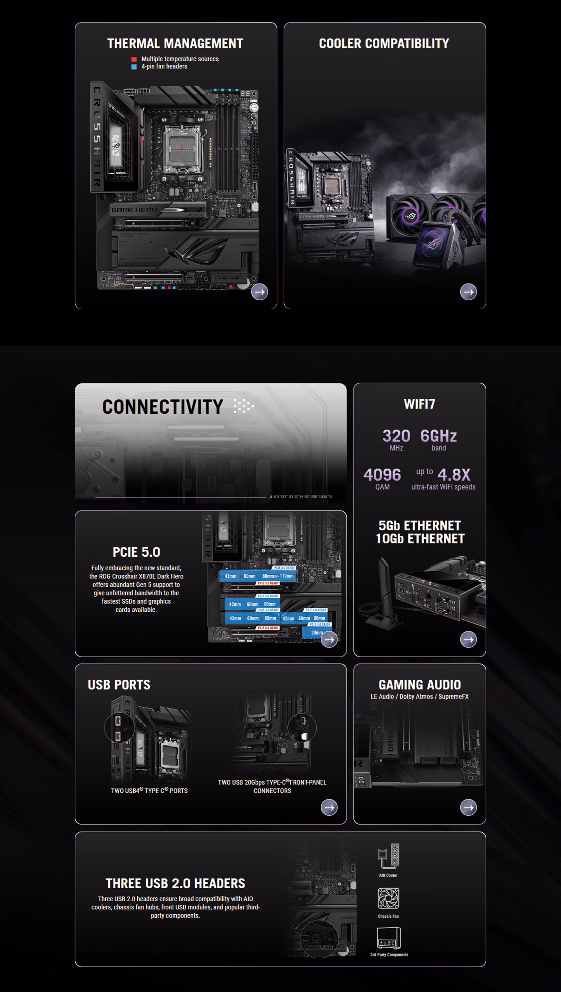 ASUSROGCROSSHAIRX870EDARKHEROAM5GAMINGMOTHERBOARDX870ECHIPSETWIFI7REALTEK10GBLANDDR5MEMORYSUPPORTNITROPATHDRAMPCIE5POINT0X16SLOTSFIVEMPOINT2SLOTSDUALUSB4TYPEC40GBPSSUPREMEFX