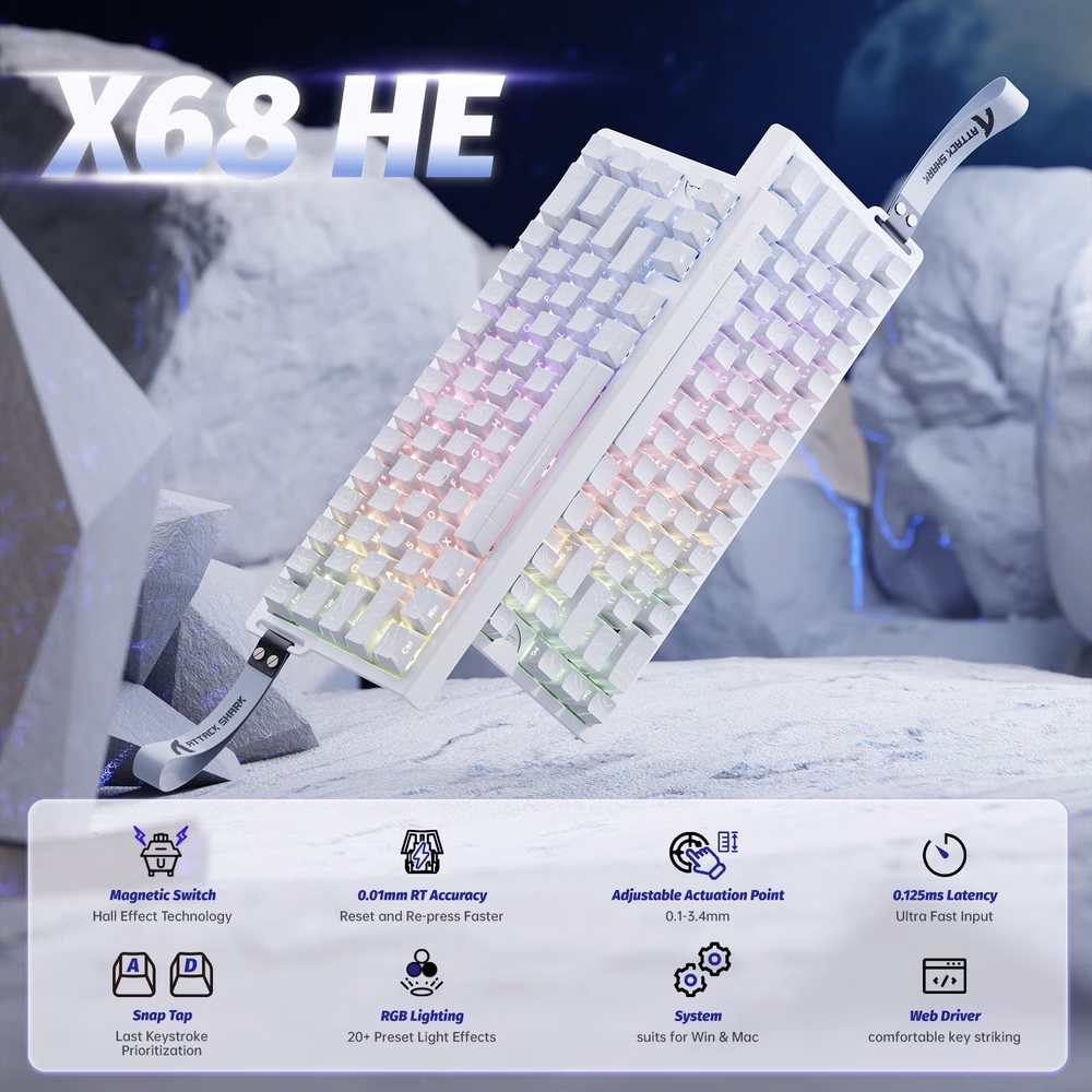 ATTACKSHARKX68HEMAGNETICSWITCHWHITECONTOURLINETRIMODERGBGAMINGKEYBOARD66KEYSLAYOUT8000HZ0.01MMRAPIDTRIGGERUAE6972792471020
