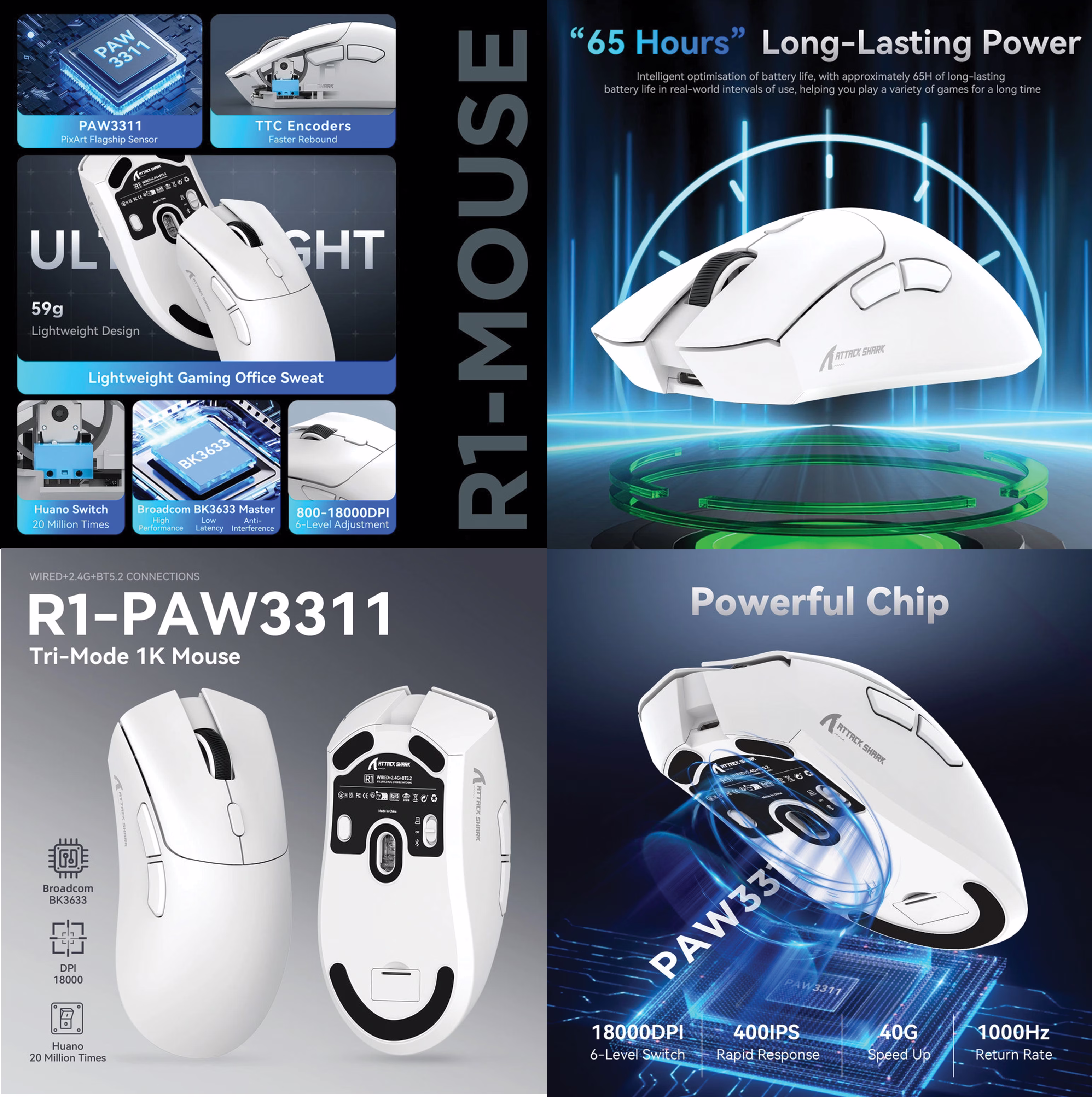 ATTACKSHARKR1SUPERLIGHTWIRELESSWHITEMOUSE40GTRIMODE2.4GBLUETOOTHWIRED8000HZPOLLINGRATEPAW3311MAX18000DPIUAE6972792470856