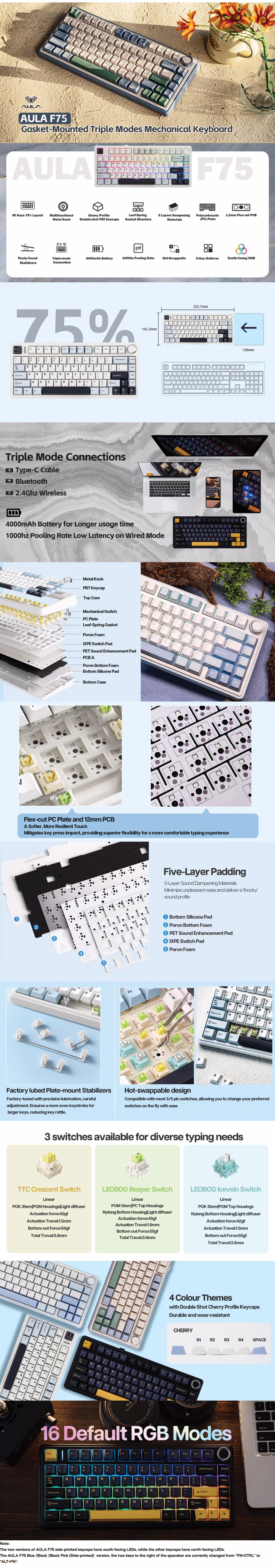 AULA Wind F75 80-key 75% wireless gasket mount mechanical gaming keyboard Reaper switch 3-in-1 hot-swap black gradient gray RGB tri-mode wireless USB-C stealth aesthetic compact gaming keyboard
