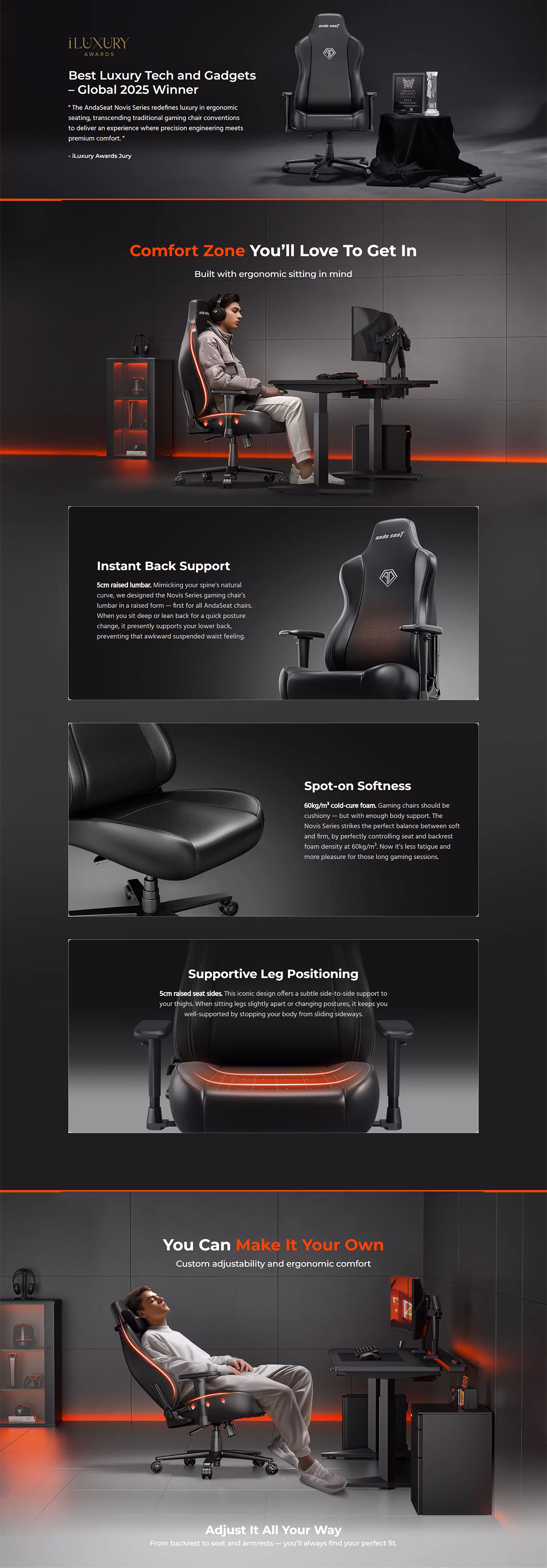 AndaSeat Novis Series XL Gaming Chair in Elegant Black PVC leather (AD23-XL-01-B-PVC) showing the 5cm raised seat sides and contoured backrest