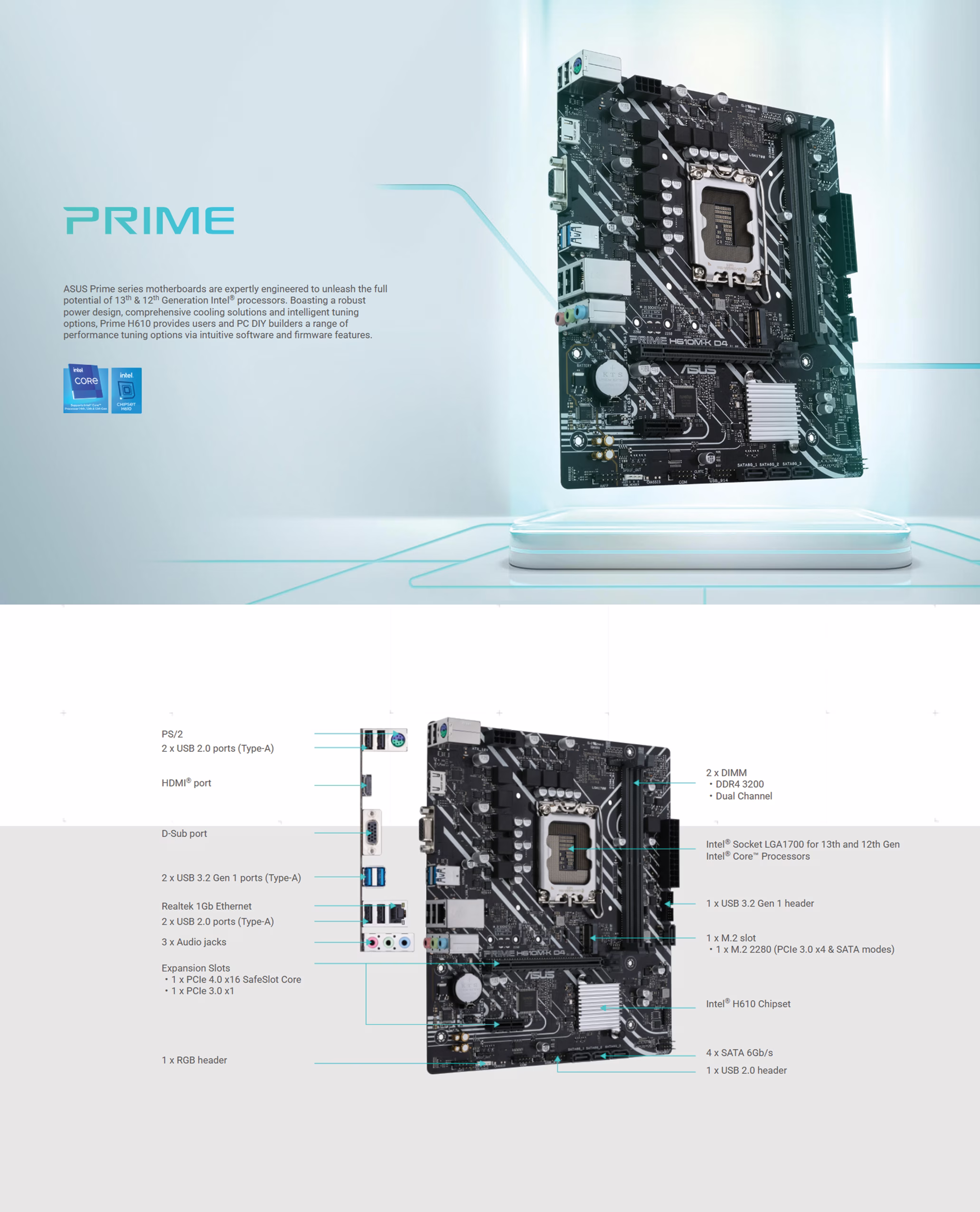 Asus Prime H610M-K D4 Mic ATX Motherboard OVERVIEW IMAGE