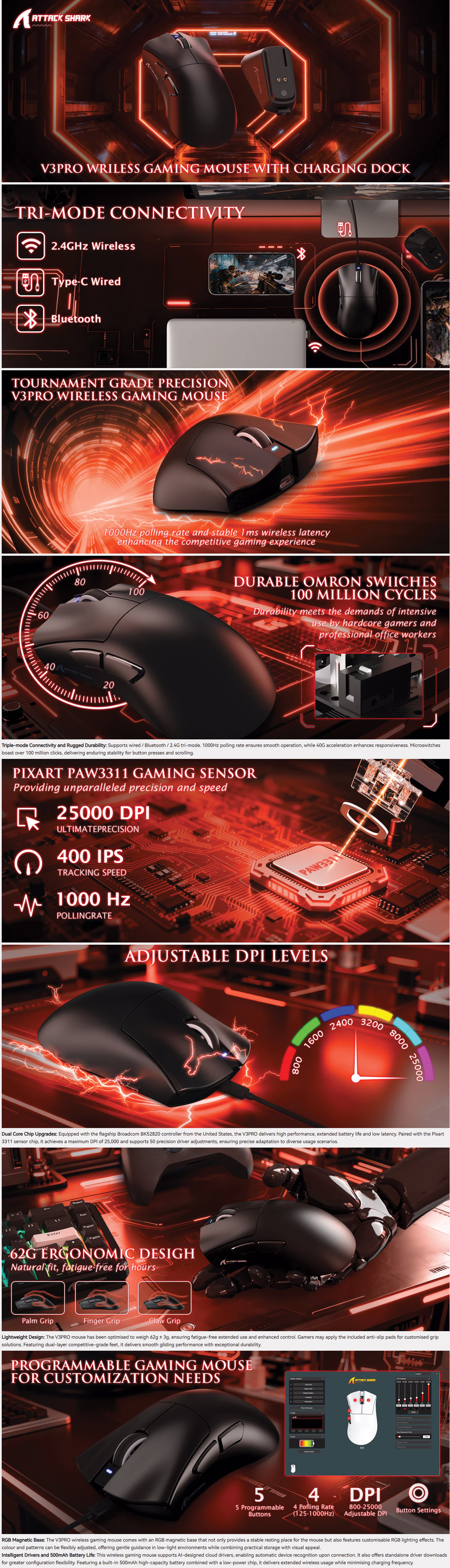 Attack Shark V3 Pro ultra-light black wireless gaming mouse 25000 DPI PixArt sensor RGB charging dock tri-mode 2.4G Bluetooth wired competitive gaming mouse
