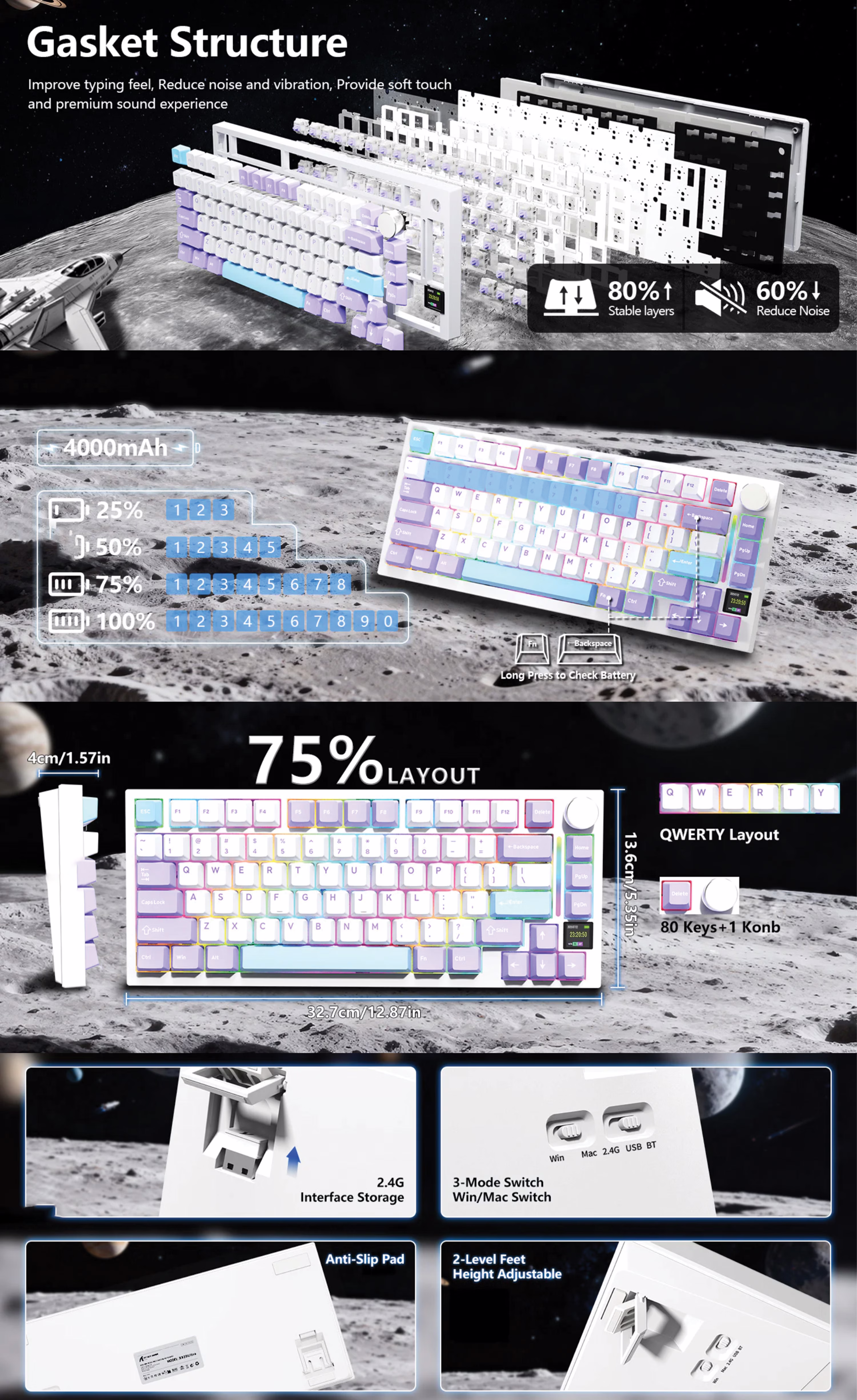 Attack Shark X820 Ultra 80-key 75% wireless mechanical gaming keyboard Moon Night Shark switch tri-mode Bluetooth 2.4GHz wired RGB compact gaming keyboard
