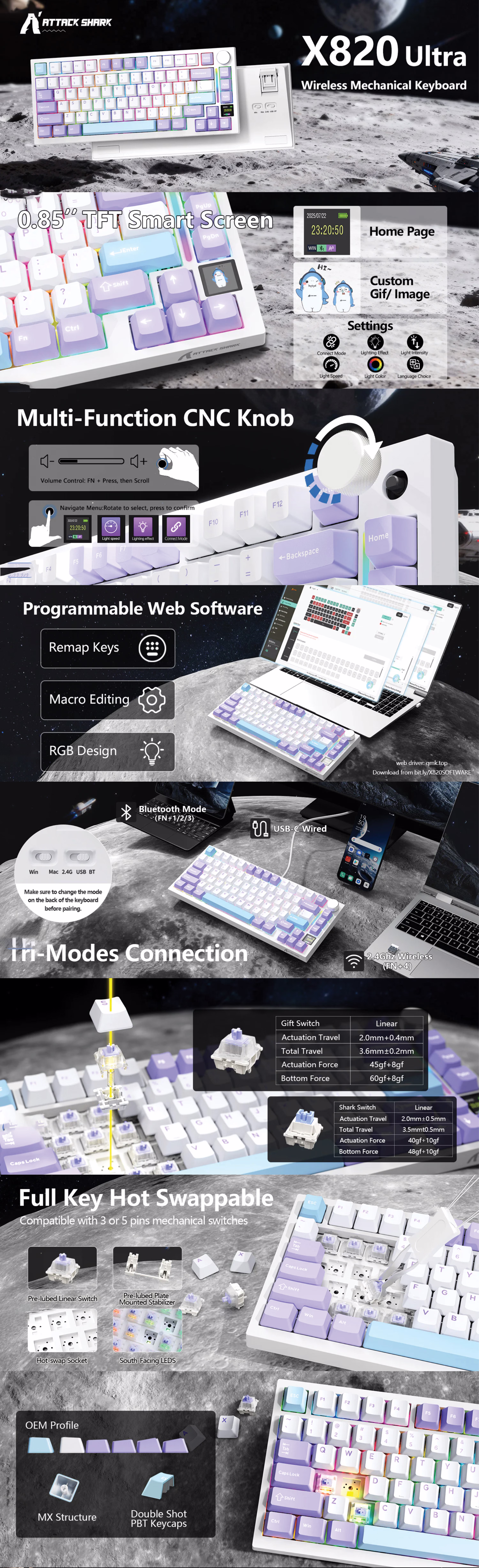 Attack Shark X820 Ultra 80-key 75% wireless mechanical gaming keyboard Moon Night Shark switch tri-mode Bluetooth 2.4GHz wired RGB compact gaming keyboard