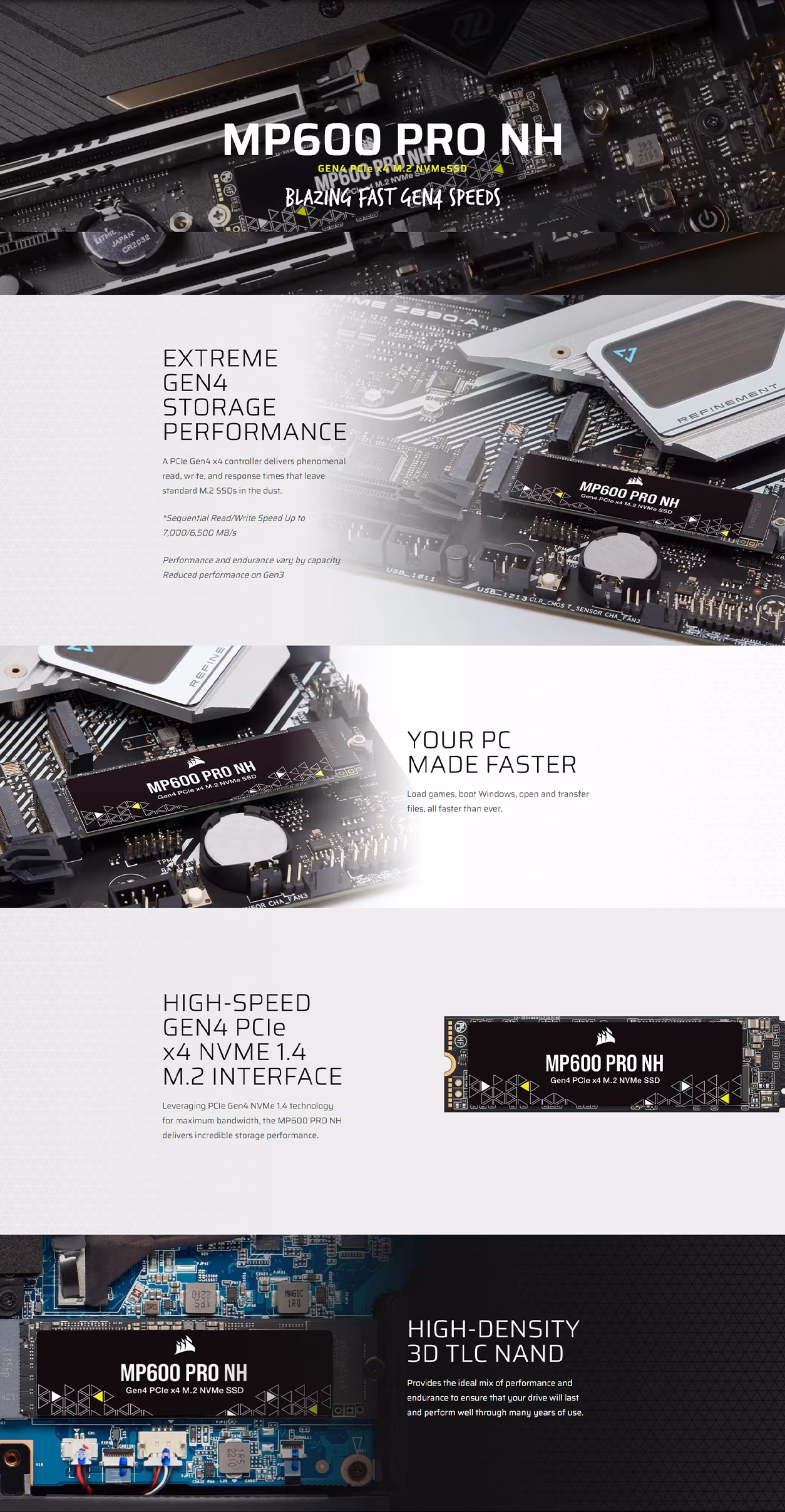 CORSAIR MP600 PRO NH 4TB PCIe Gen4 NVMe M.2 SSD bare drive, showcasing high-density 3D TLC NAND chips, model CSSD-F4000GBMP600PNH.