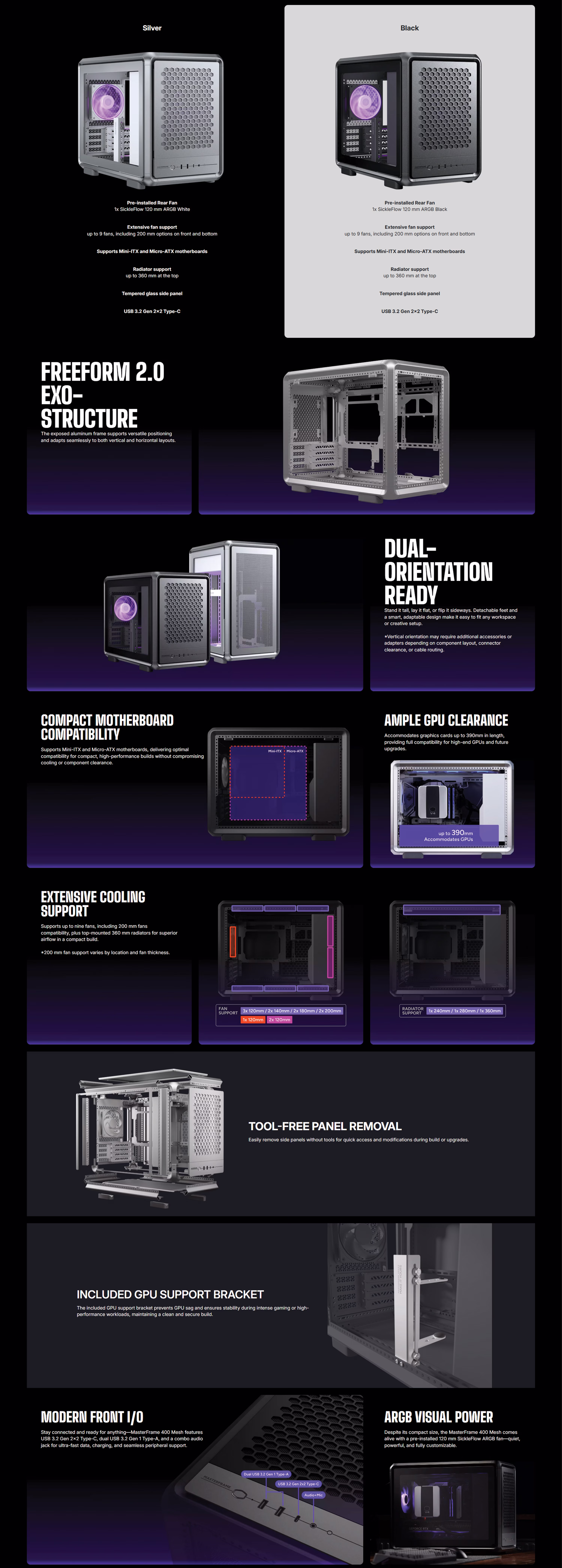 Cooler Master MasterFrame 400 Mesh Micro-ATX black open frame gaming case 360mm radiator support pre-installed RGB fan component showcase maximum airflow compact gaming chassis MF400M-SHNN-S00
