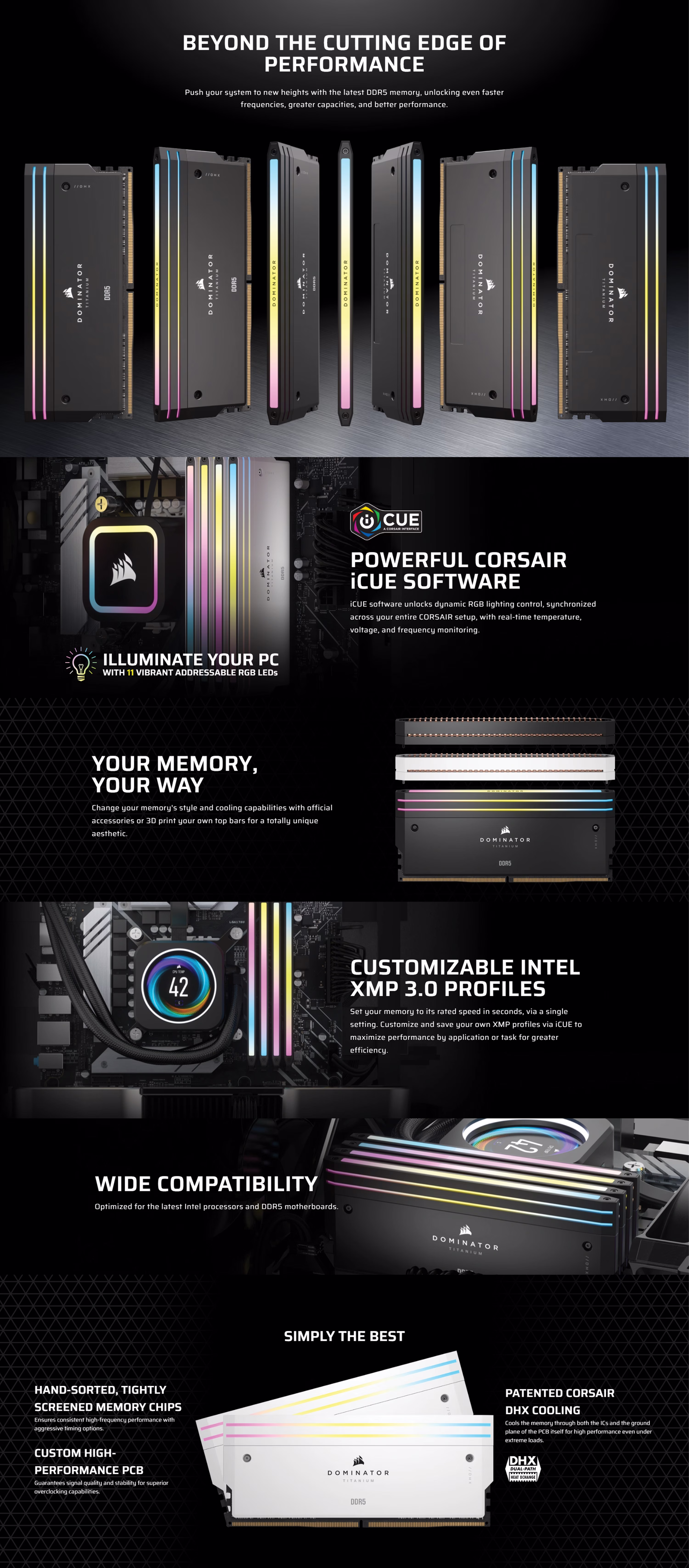 Corsair Dominator Titanium RGB 32GB DDR5 7200 White kit highlighting the forged aluminum heatspreader and RGB lighting.