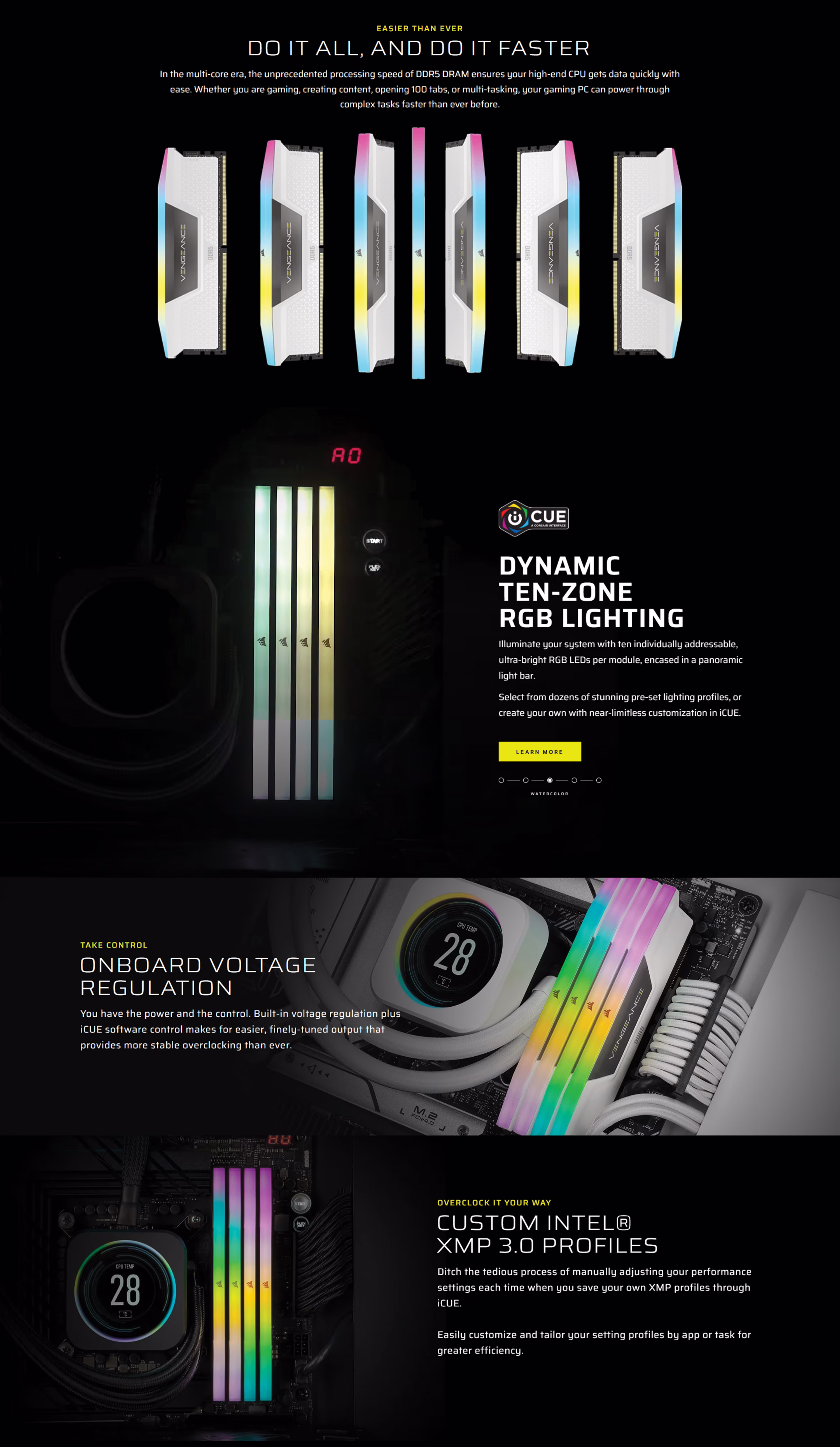 Corsair Vengeance RGB 64GB DDR5 6400 White kit featuring two 32GB modules with vibrant 10-zone lighting.