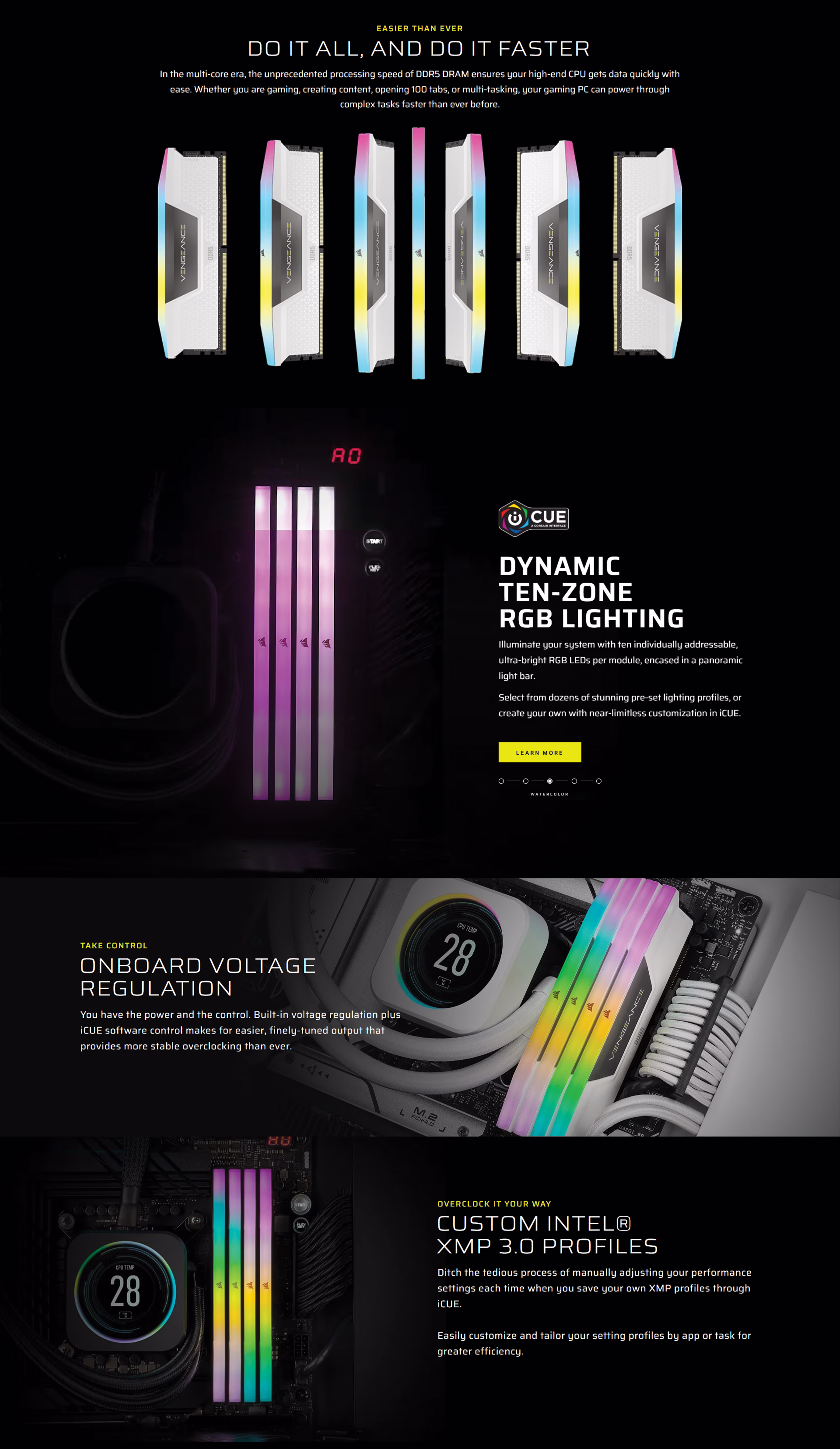 Corsair Vengeance RGB 96GB DDR5 6400 Black kit featuring two 48GB modules with vibrant 10-zone lighting.