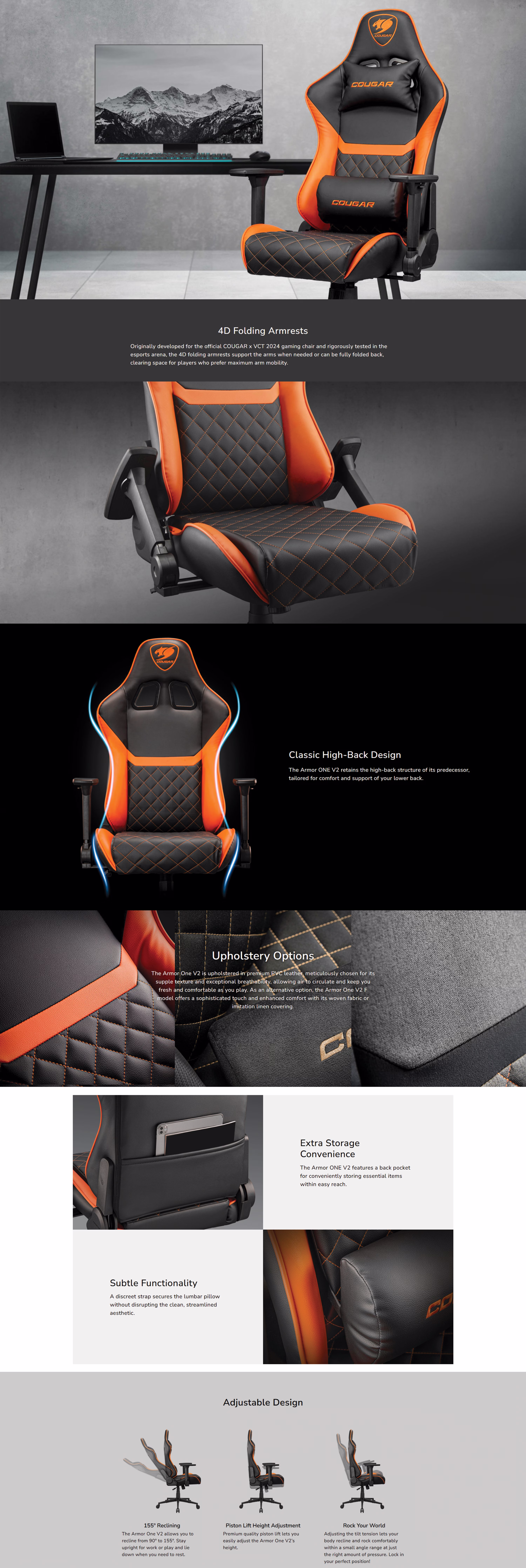 Cougar Armor One V2 Black professional gaming chair featuring a full steel frame, adjustable armrests, and 180° reclining.