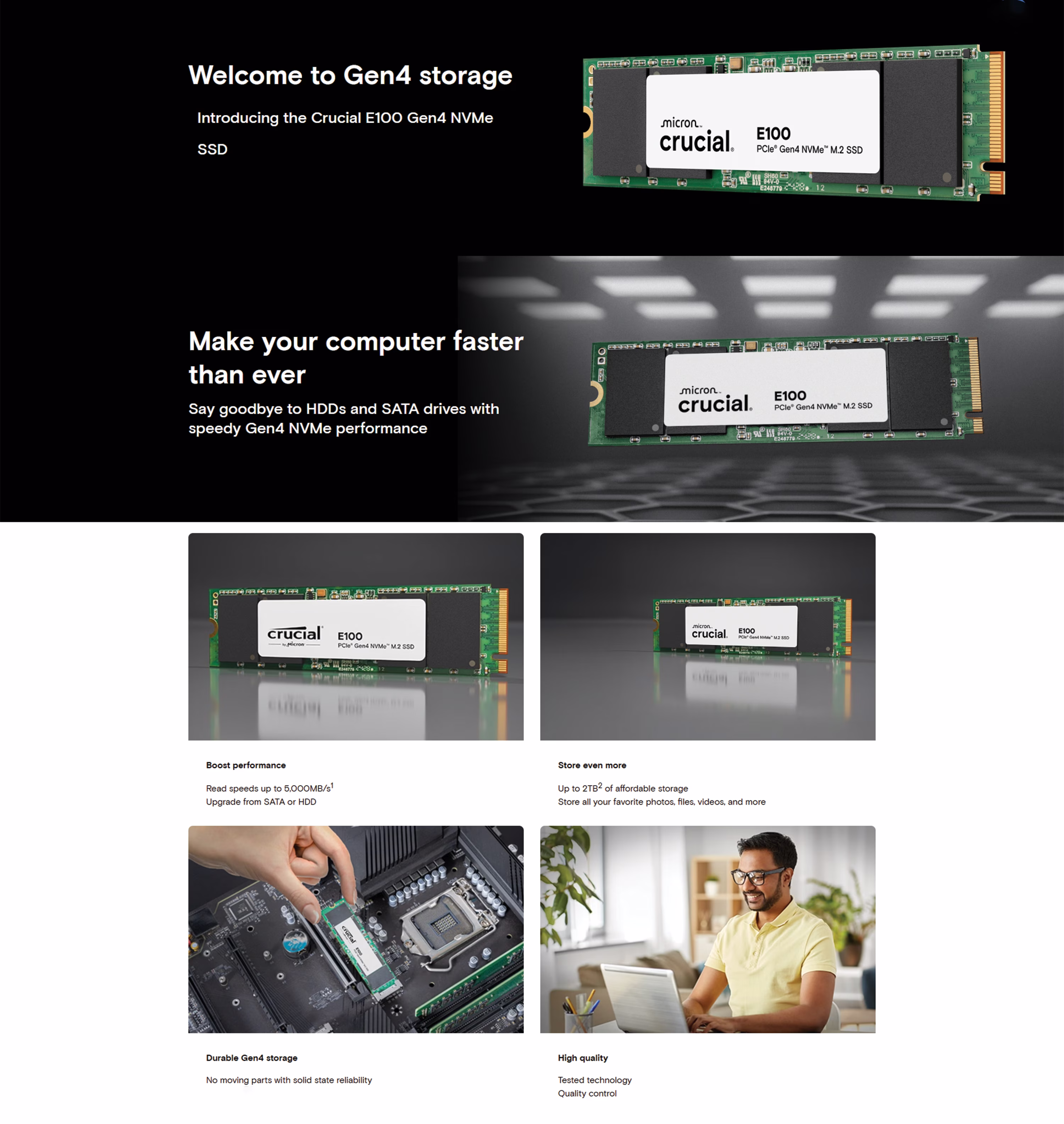Crucial E100 2TB PCIe Gen4 NVMe M.2 SSD product overview image