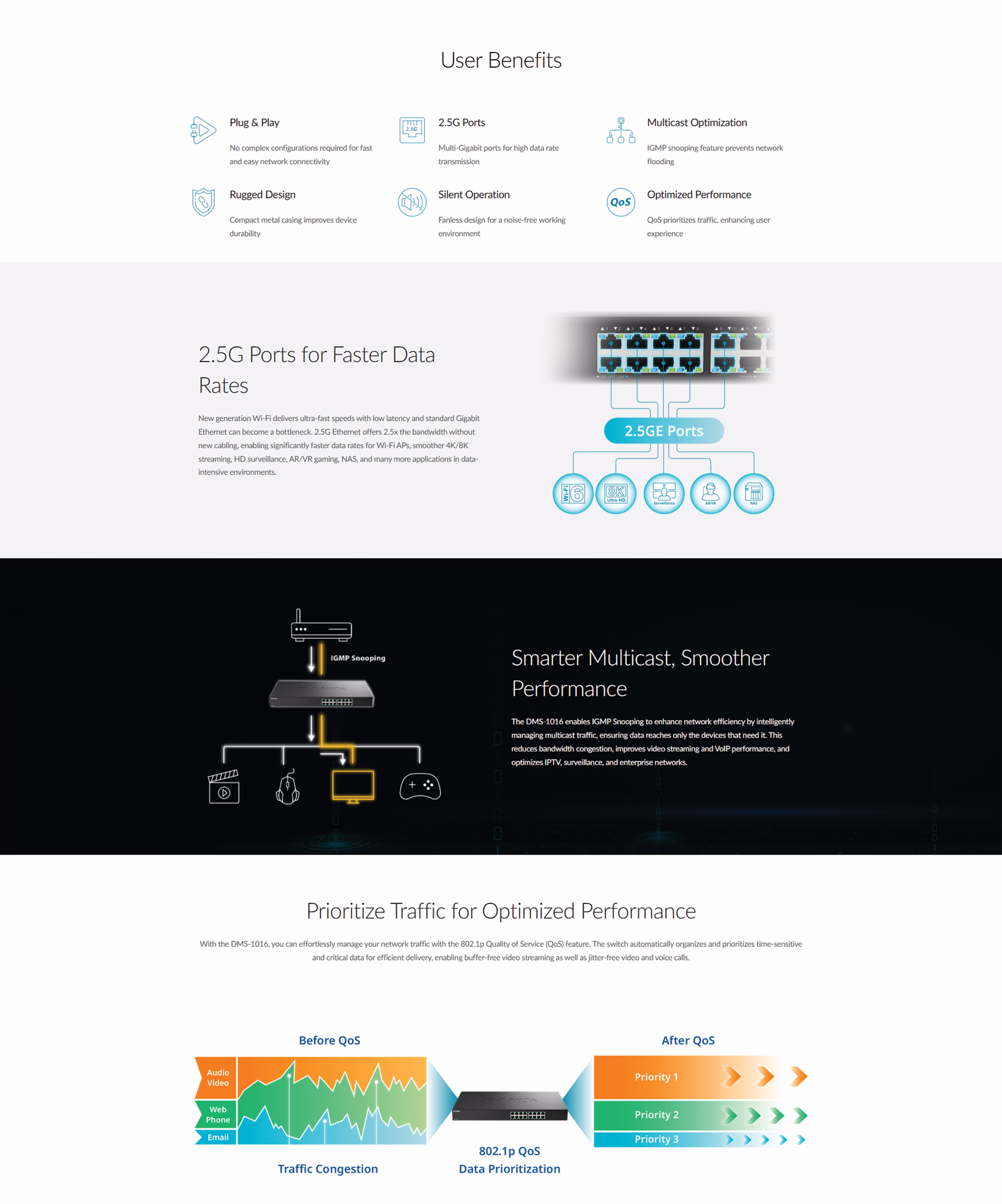 D-Link DMS-1016 16-port 2.5G multi-gigabit unmanaged switch with industrial metal housing and fanless silent design.