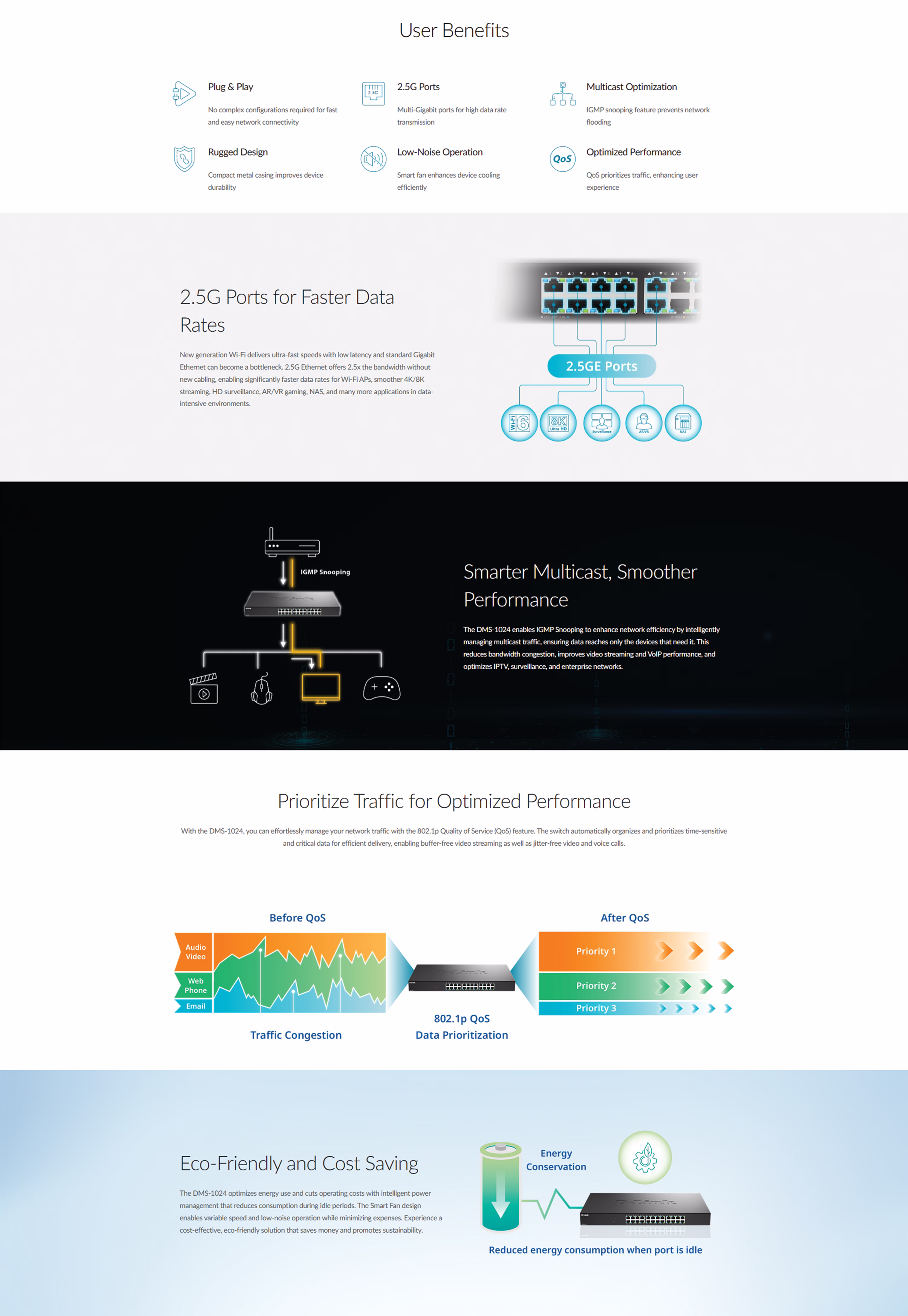 D-Link DMS-1024 24-port 2.5G multi-gigabit unmanaged switch in a rack-mountable industrial metal housing with fanless design.