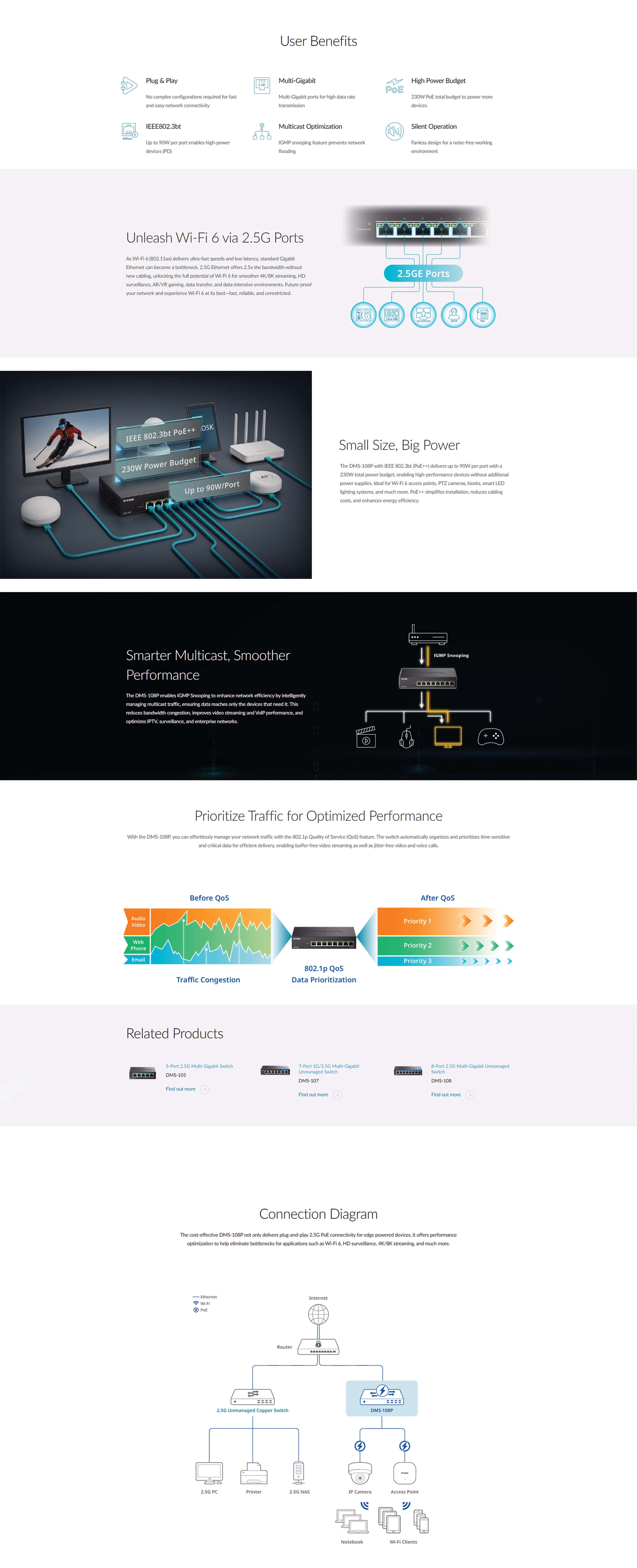D-Link DMS-108P 8-port 2.5G multi-gigabit unmanaged PoE switch with 240W power budget and silent fanless metal housing.