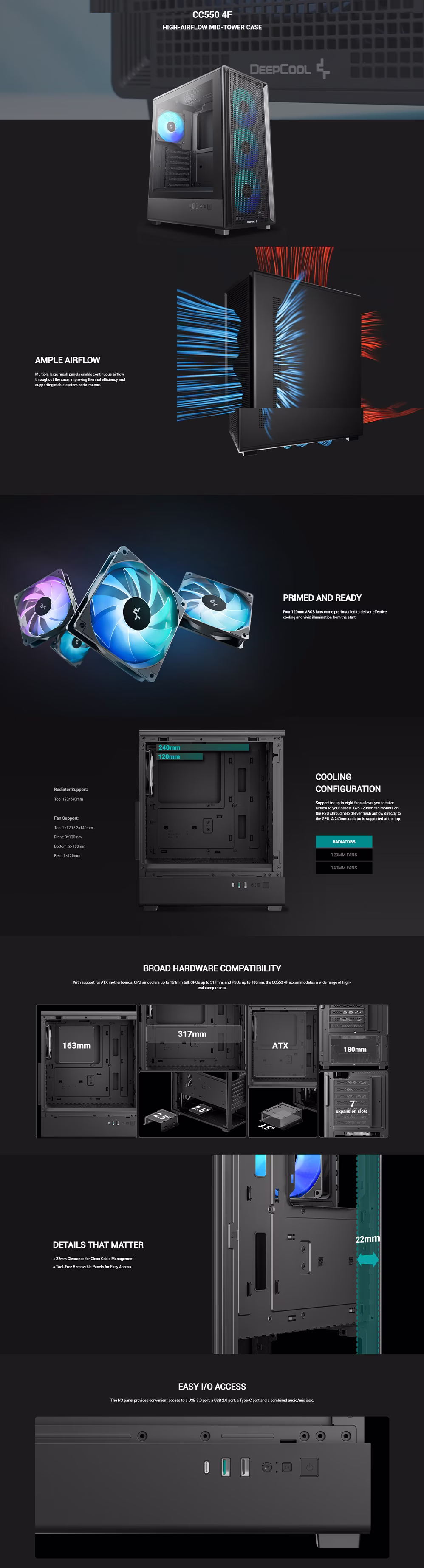 DeepCool CC550 4F Black High-Airflow ATX Mid-Tower Gaming Case (R-CC550-BKANA4-G) showing the mesh front panel and four illuminated 120mm ARGB fans