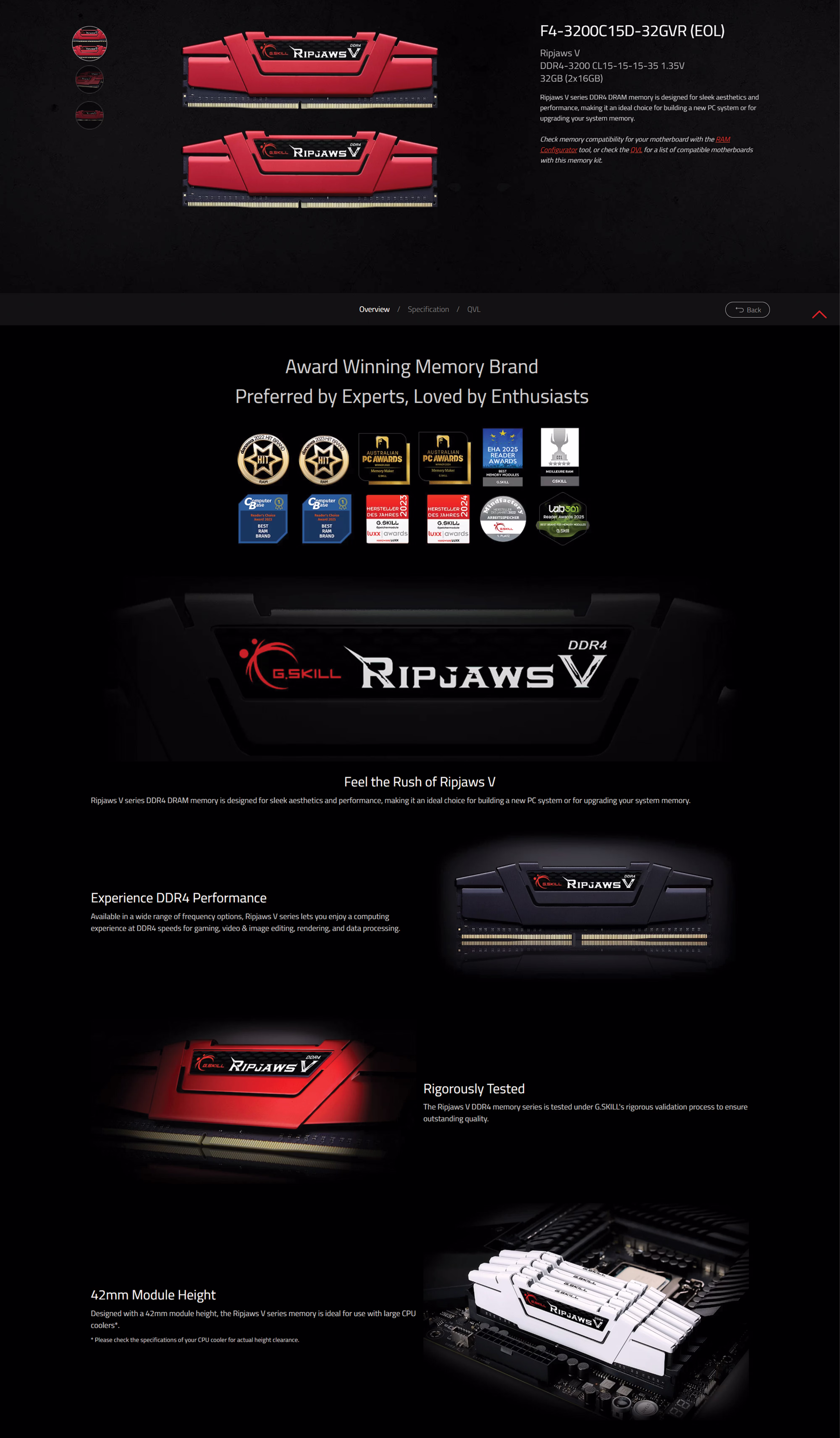 G Skill Ripjaws V 32GB (2x16GB) DDR4 3200MTs Memory Kit OVERVIEW IMAGE