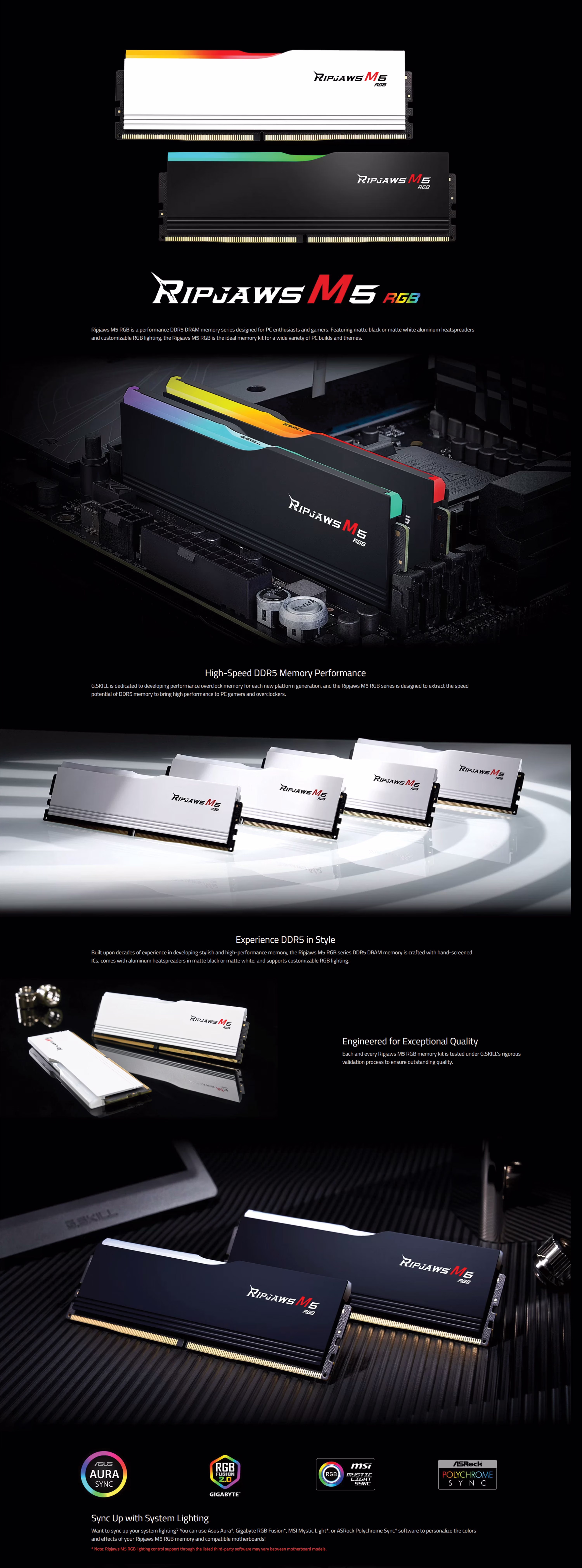 G.Skill Ripjaws M5 RGB 96GB DDR5 6400 White kit featuring the matte white heatsink and illuminated RGB light bar.