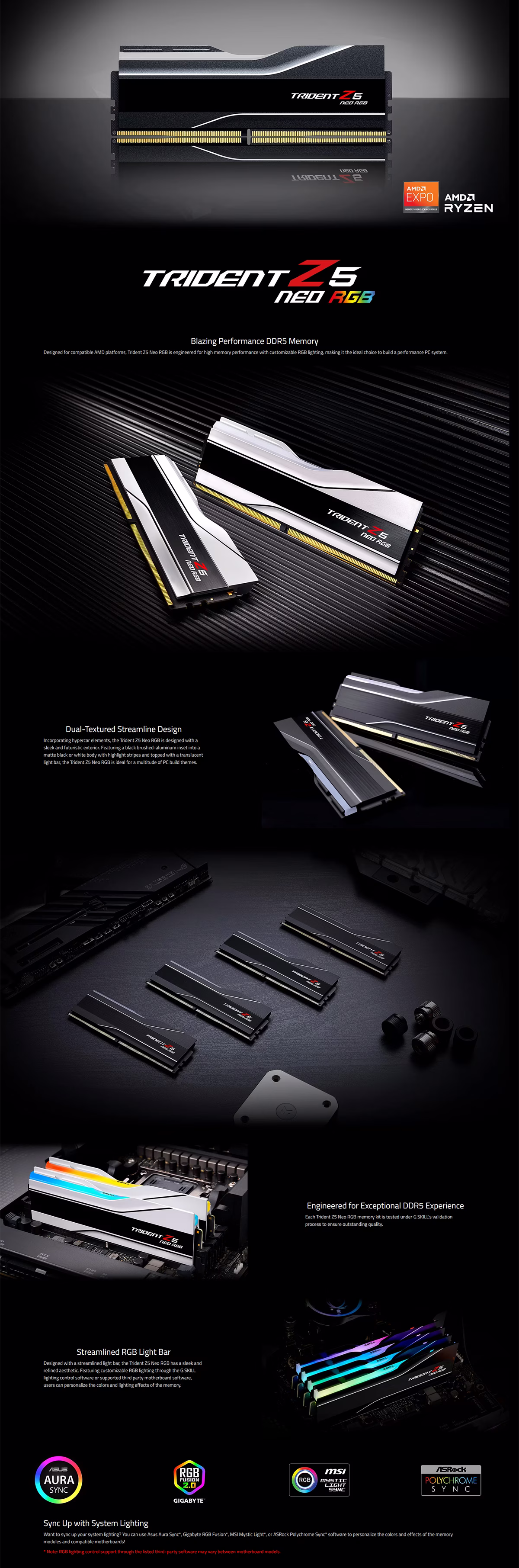 G.Skill Trident Z5 Neo RGB 128GB (2x64GB) DDR5-6000 CL34 desktop memory kit (F5-6000J3444F64GX2-TZ5NR) in matte black with illuminated RGB light bars