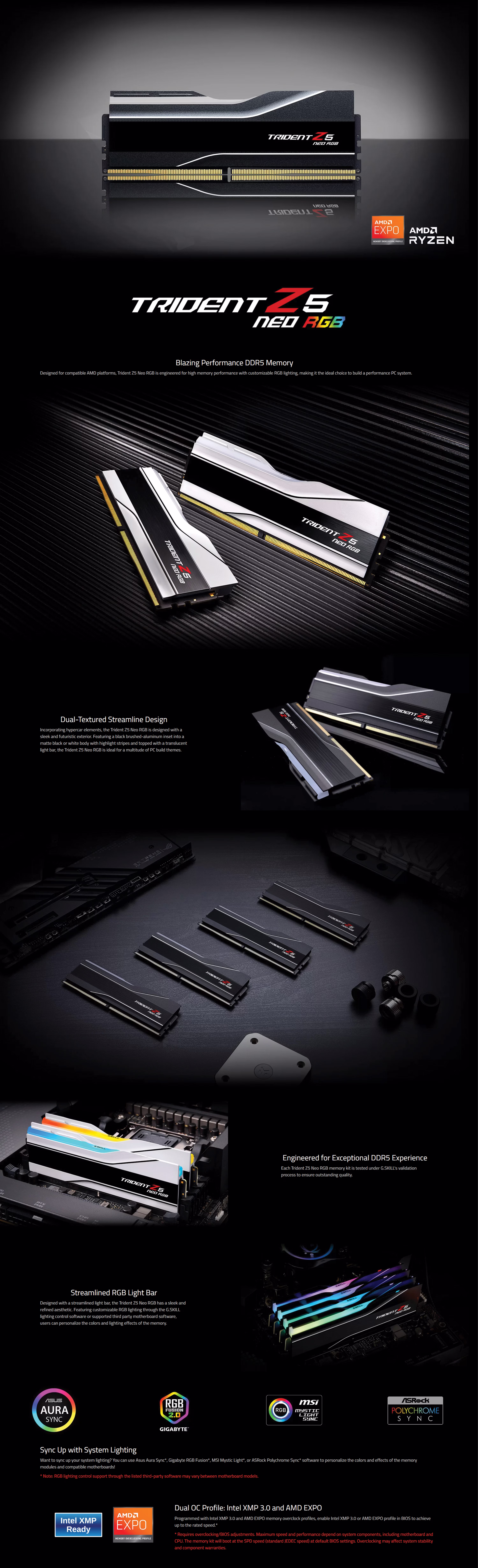 G.Skill Trident Z5 Neo RGB 128GB DDR5 desktop memory kit showing the matte black aluminum heatspreaders and illuminated top light bar