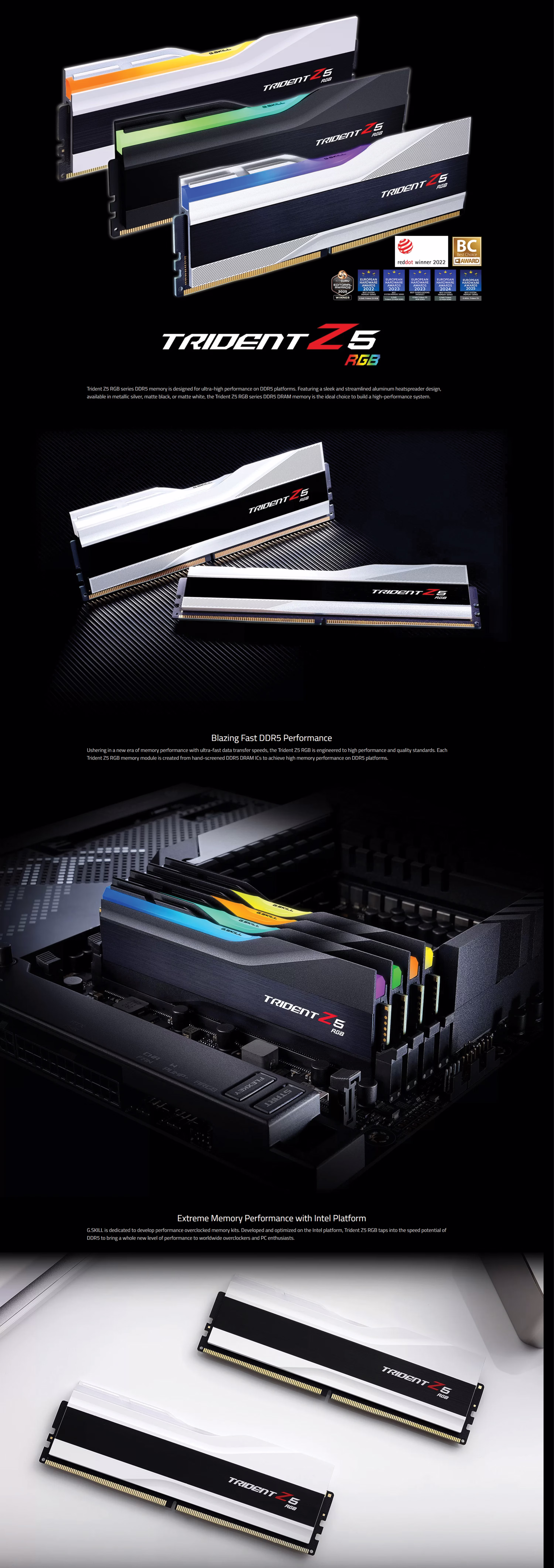 G.Skill Trident Z5 RGB 64GB DDR5 6000 White kit featuring the premium aluminum heatspreader and glowing RGB light bar.