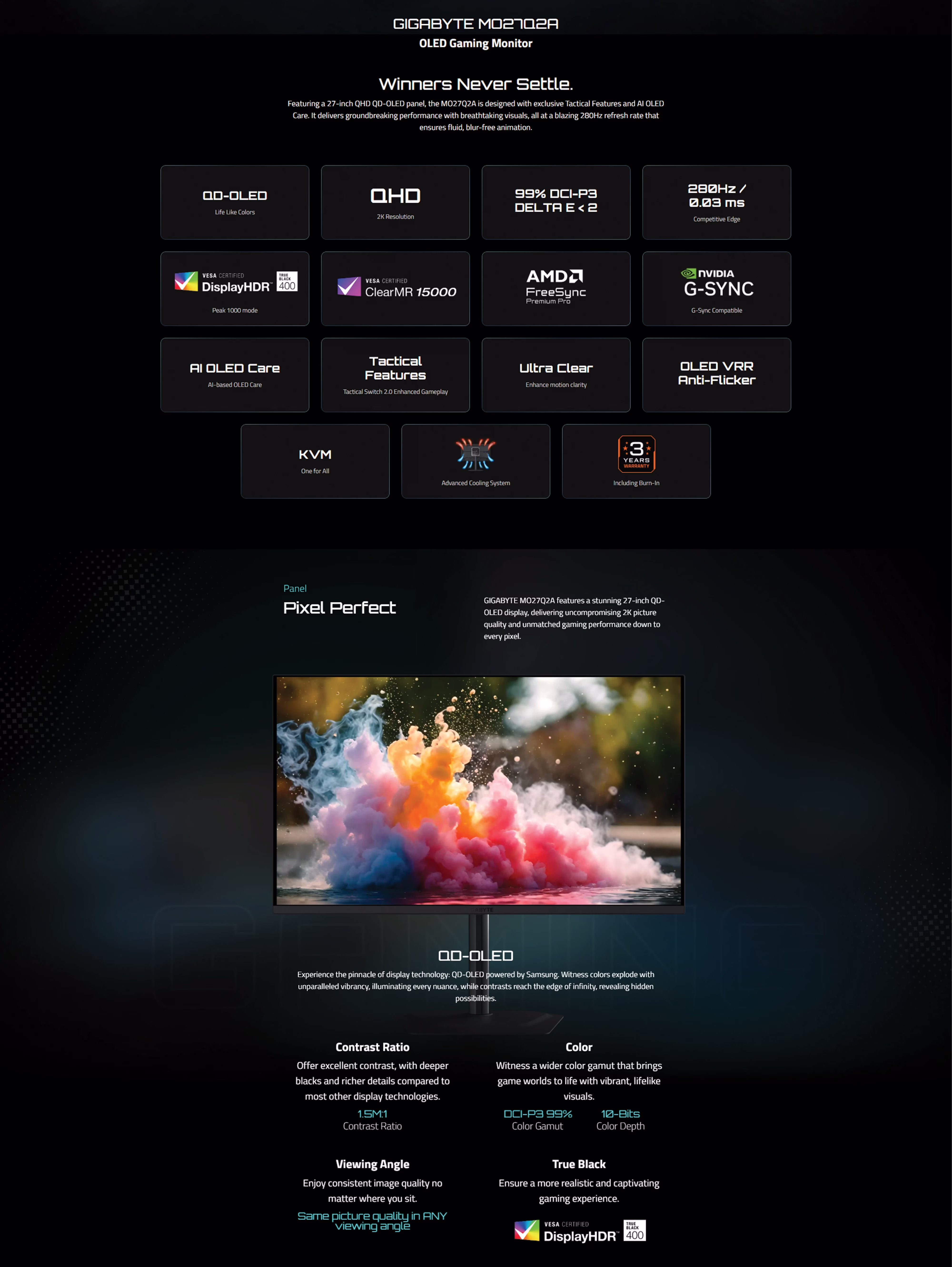 GIGABYTE MO27Q2A 280Hz QD-OLED  0.03ms 2K Gaming Monitor OVERVIEW