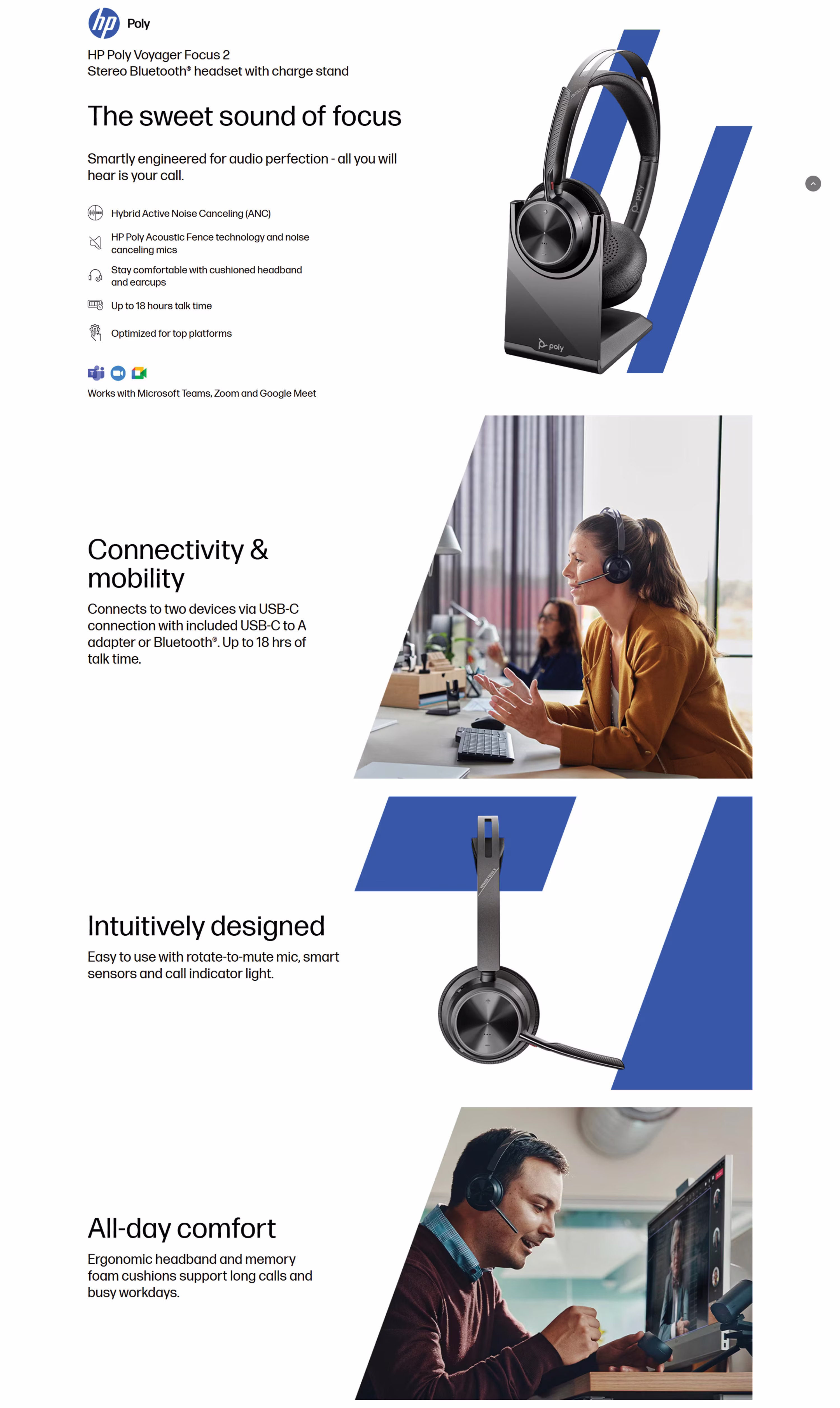 HP Poly Voyager Focus 2 wireless headset featuring USB-C Bluetooth adapter without charging stand.