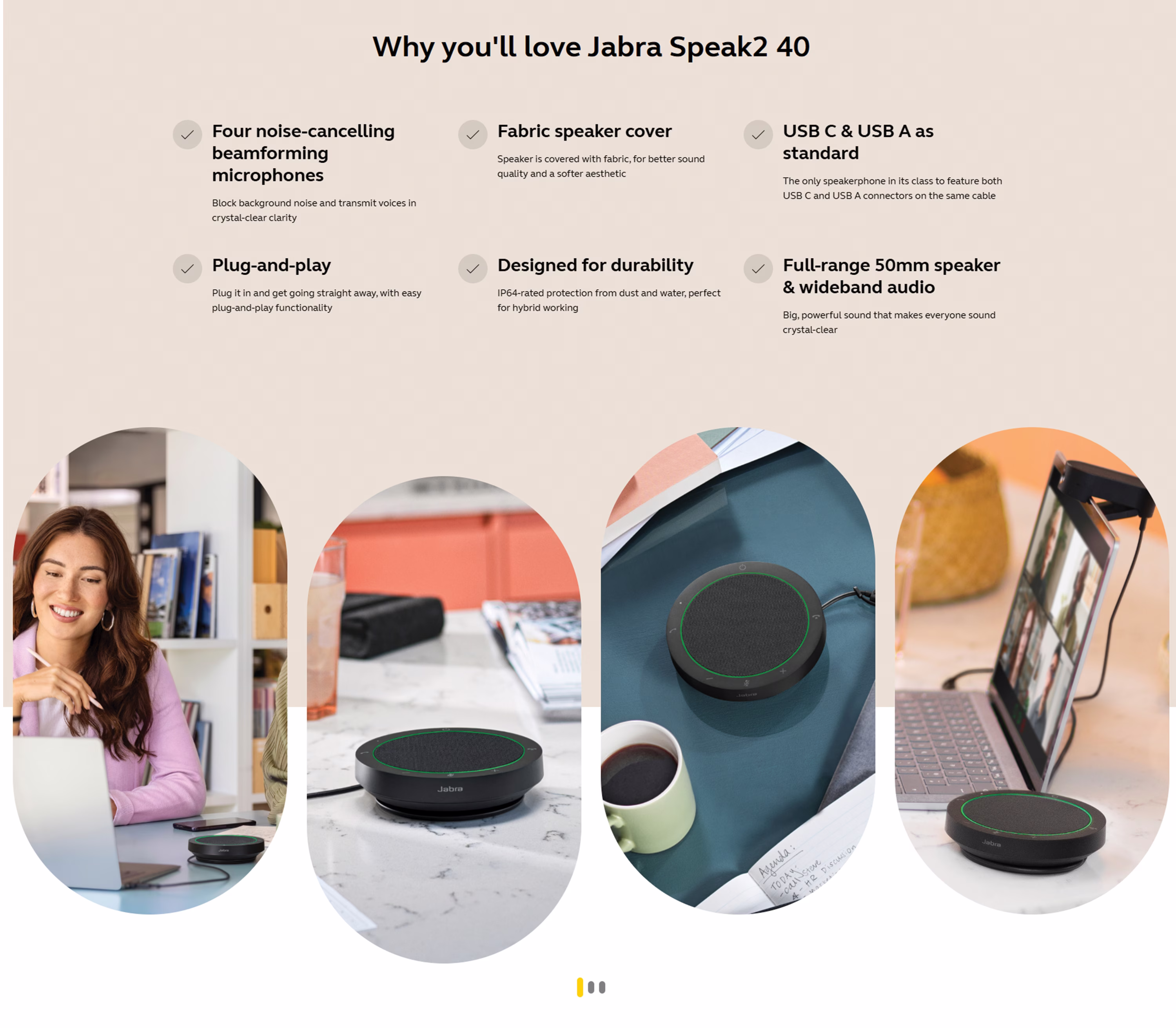 Jabra Speak2 40 UC portable conference speakerphone featuring a dark grey finish and touch-sensitive meeting controls.
