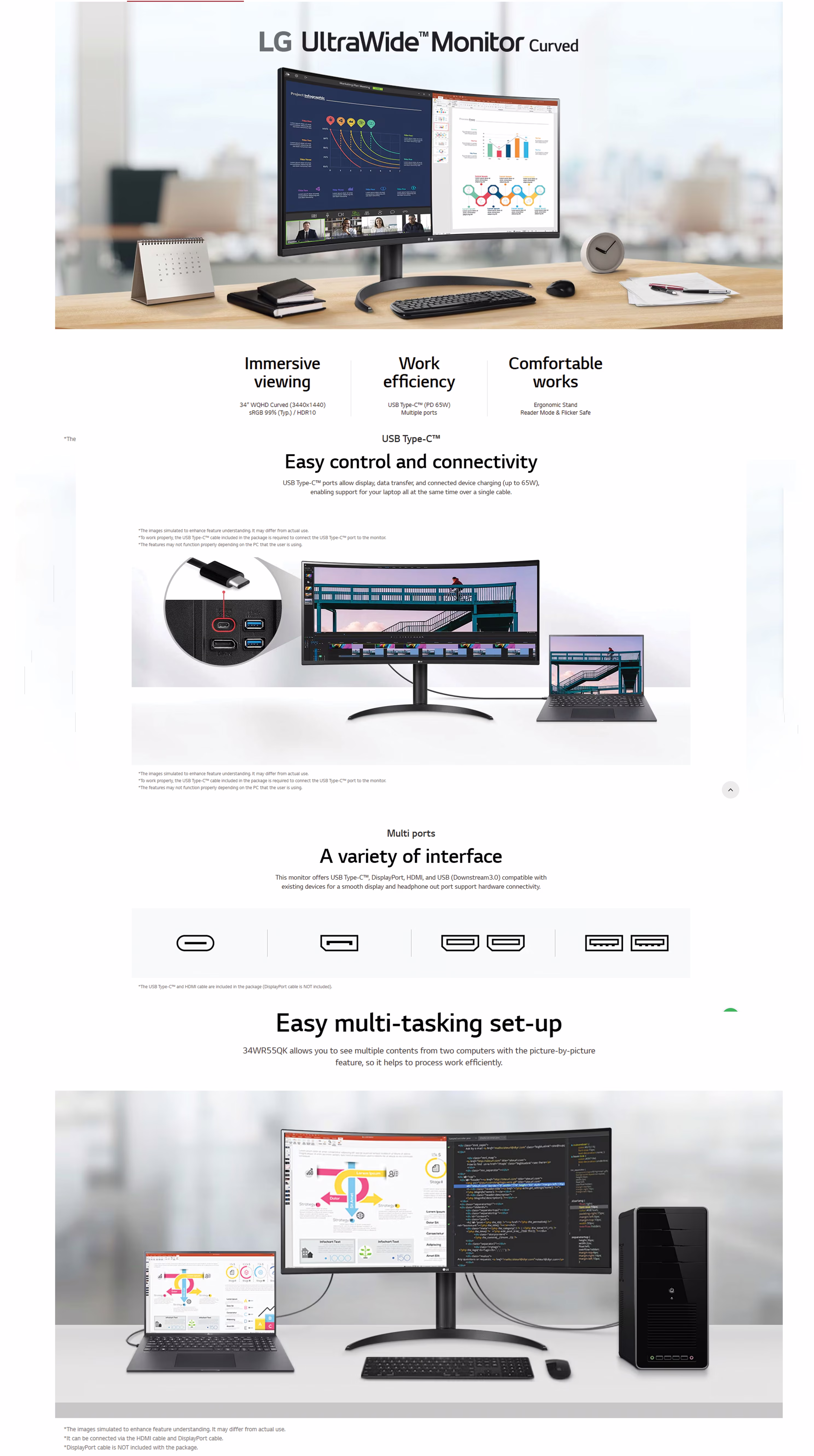 LG 34WR55QK-B on a clean desk, connected to a laptop via a single USB-C cable.