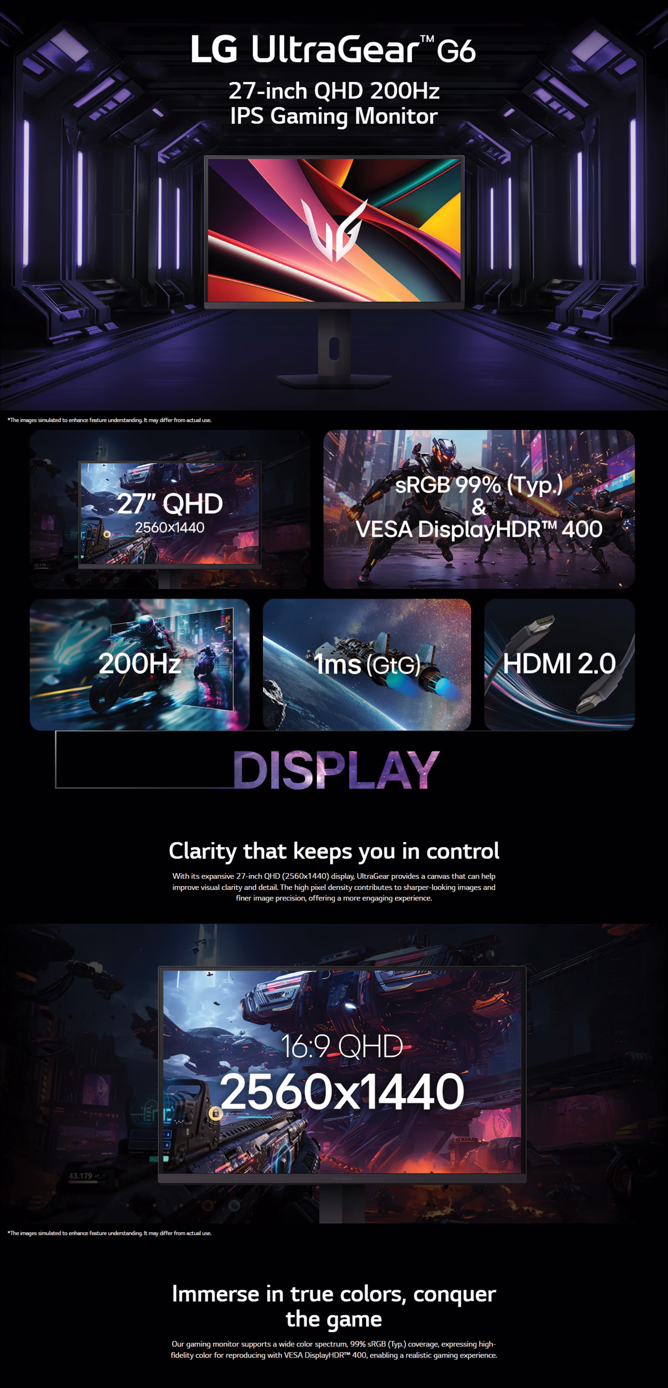 LG UltraGear 27G610-B 27 inch G6 QHD 200Hz gaming monitor featuring HDR 400 and AMD FreeSync.