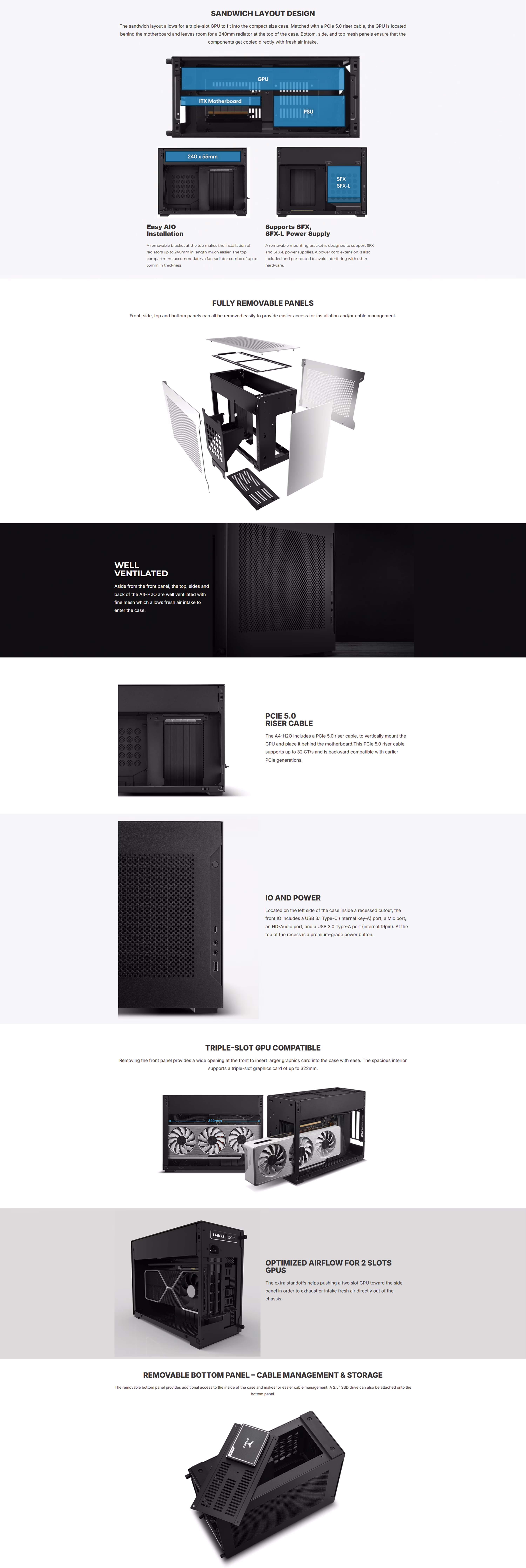 Lian Li DAN A4-H2O A5 Silver SFF Mini-ITX gaming case front view showing the anodized aluminum mesh panels