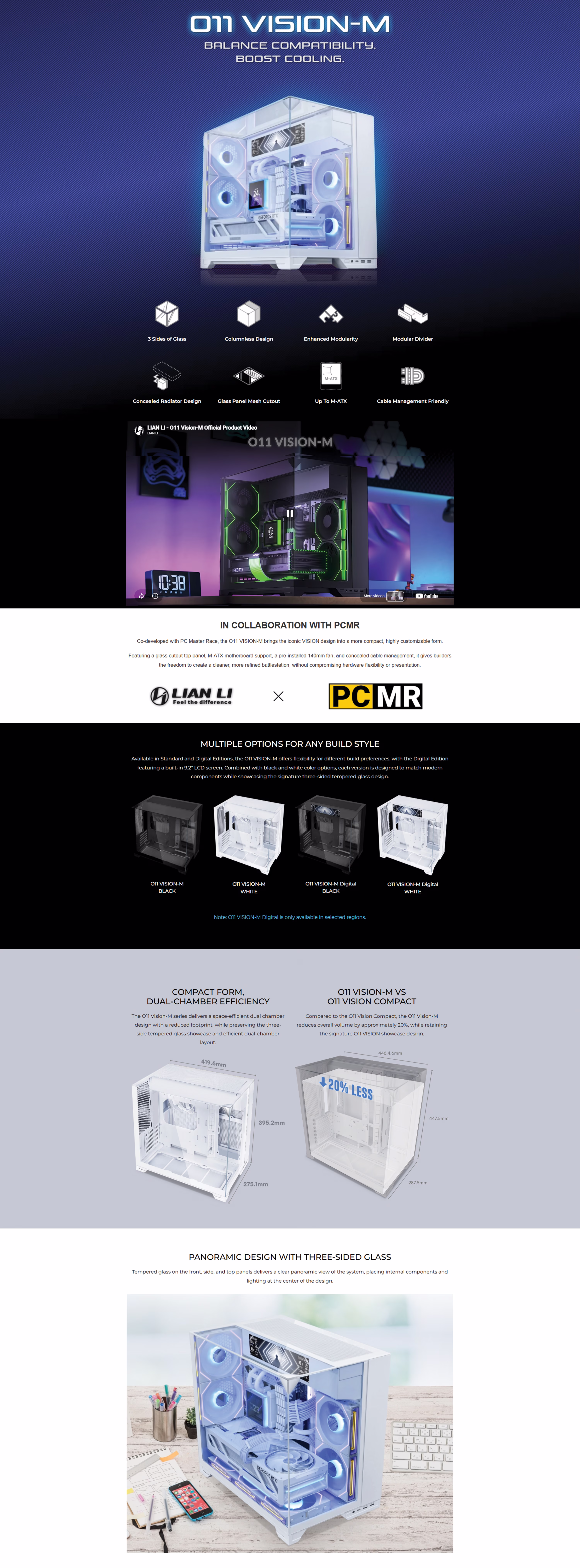 Lian Li O11 Vision-M Digital black Micro-ATX mid-tower PC case 9.2 inch IPS LCD integrated display dual-chamber tempered glass 360mm radiator premium showcase gaming chassis G99.O11VMDX.00