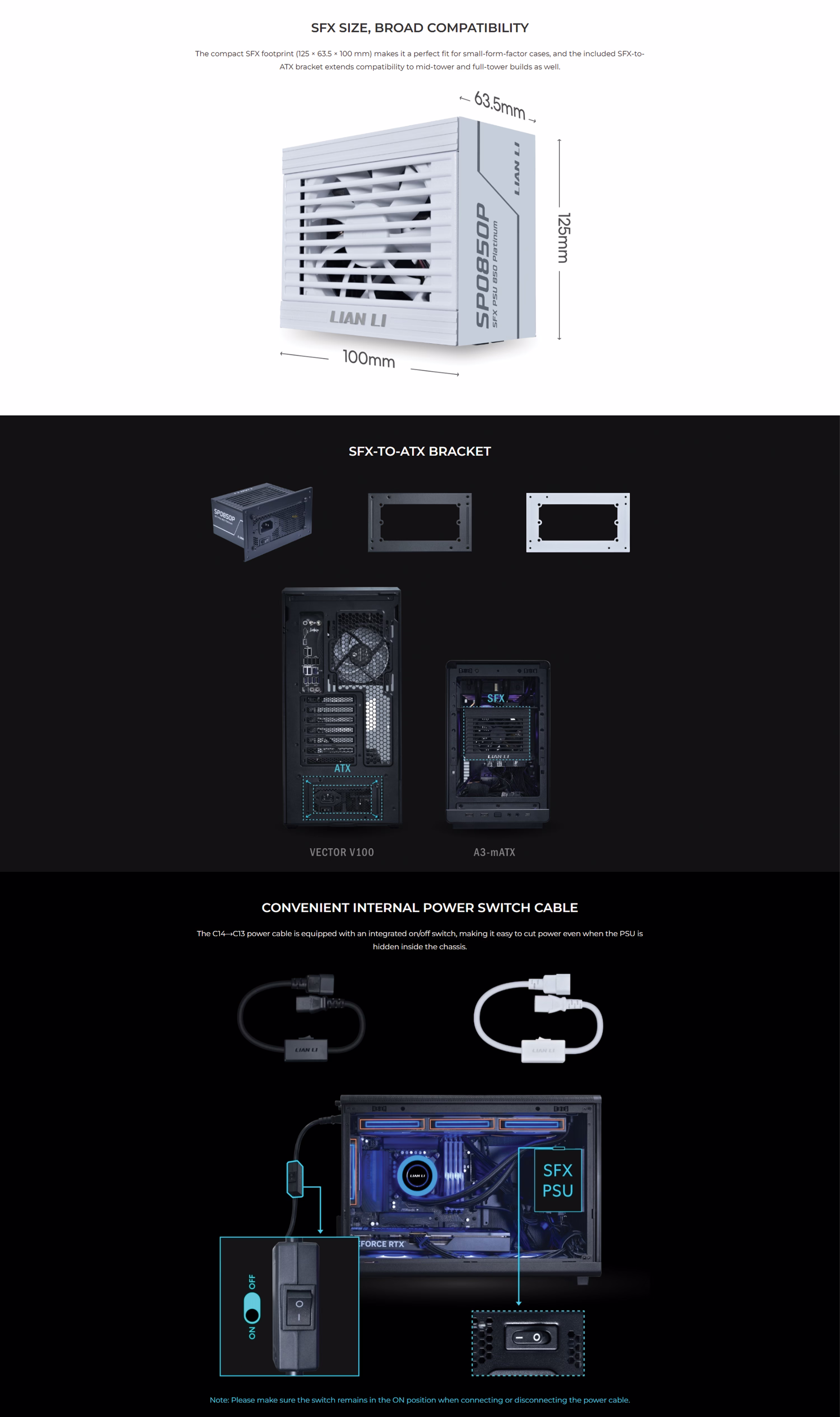 Lian Li SP0850P 850W 80 Plus Platinum SFX fully modular power supply in black for small form factor PCs.