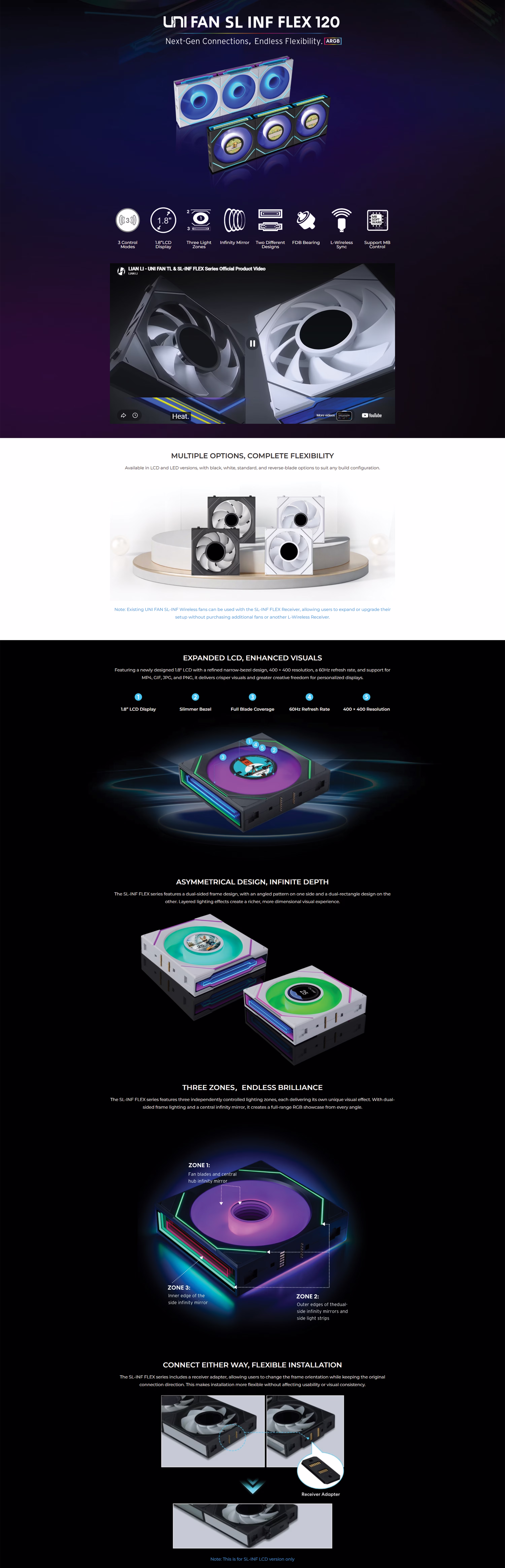 Lian Li UNI FAN SL-INF FLEX 120mm Black 3-Pack case fans showing ARGB infinity mirror lighting